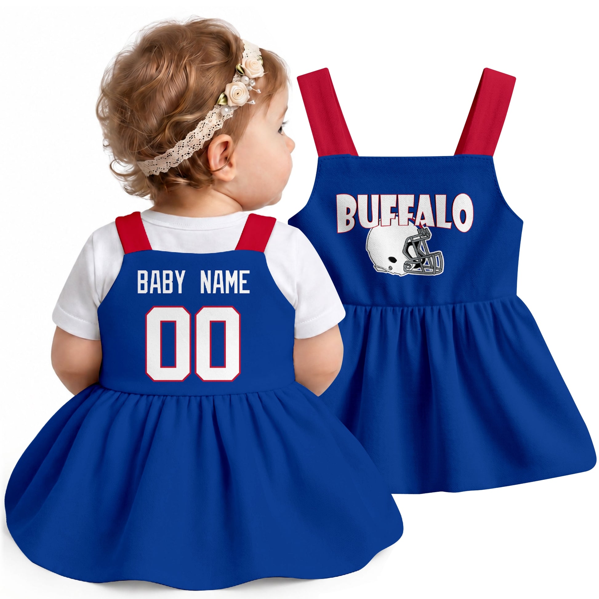 Personalized Buffalo football baby suspender dress shown on baby in Royal city-color style