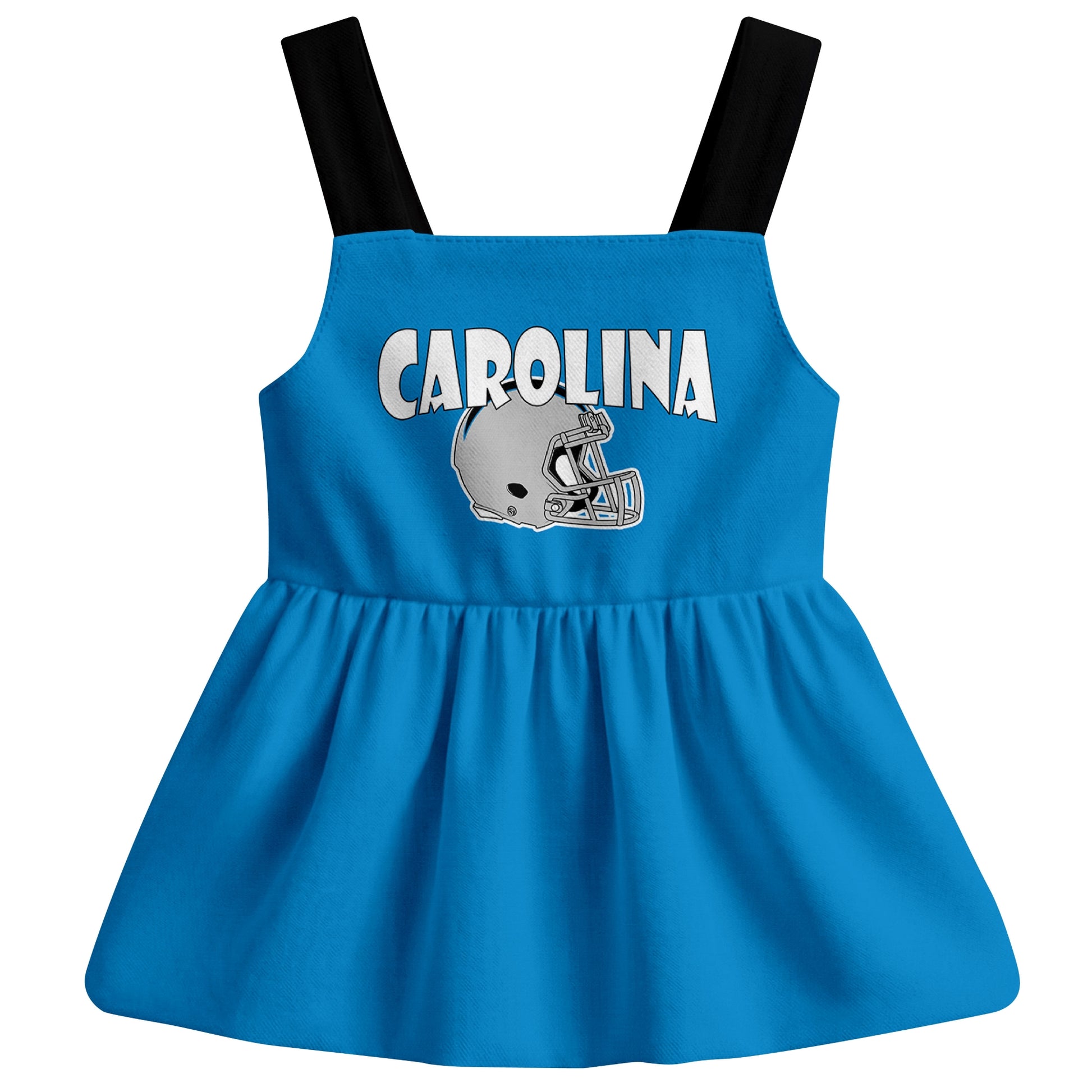 Carolina football baby suspender dress front view with city-color football graphic