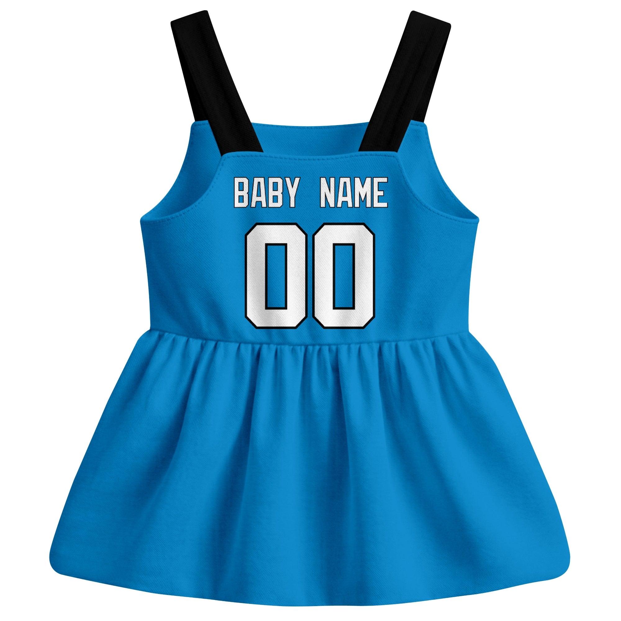 Carolina football baby suspender dress back view with custom baby name and number