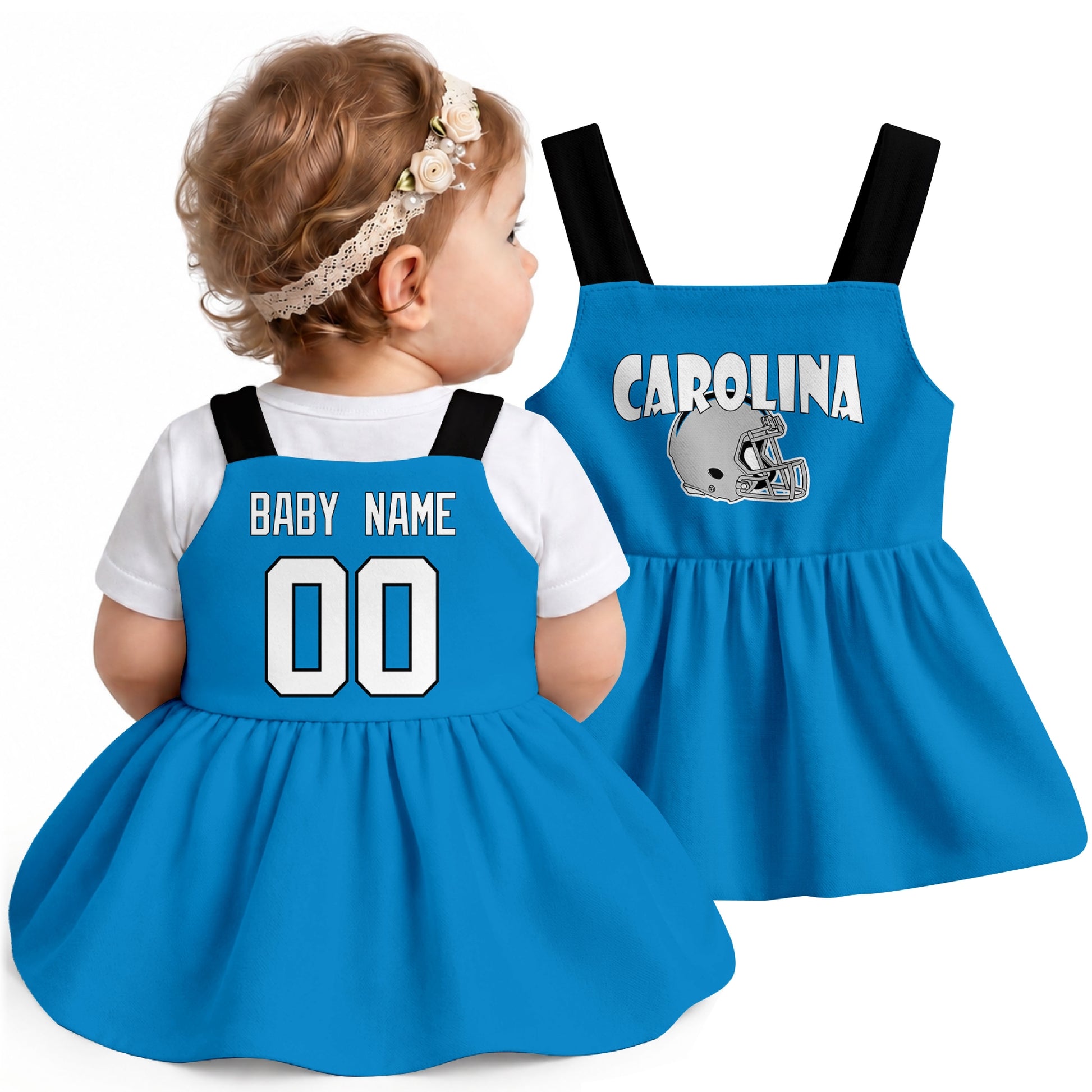 Personalized Carolina football baby suspender dress shown on baby in Blue city-color style