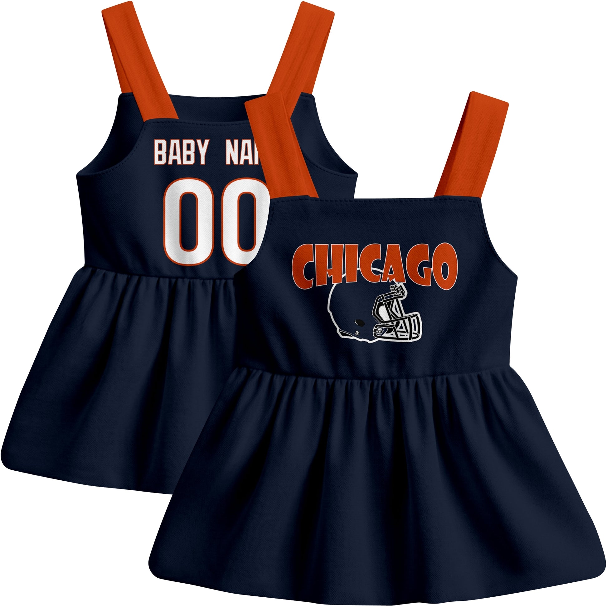 Chicago football baby suspender dress front and back view in Navy city-color style
