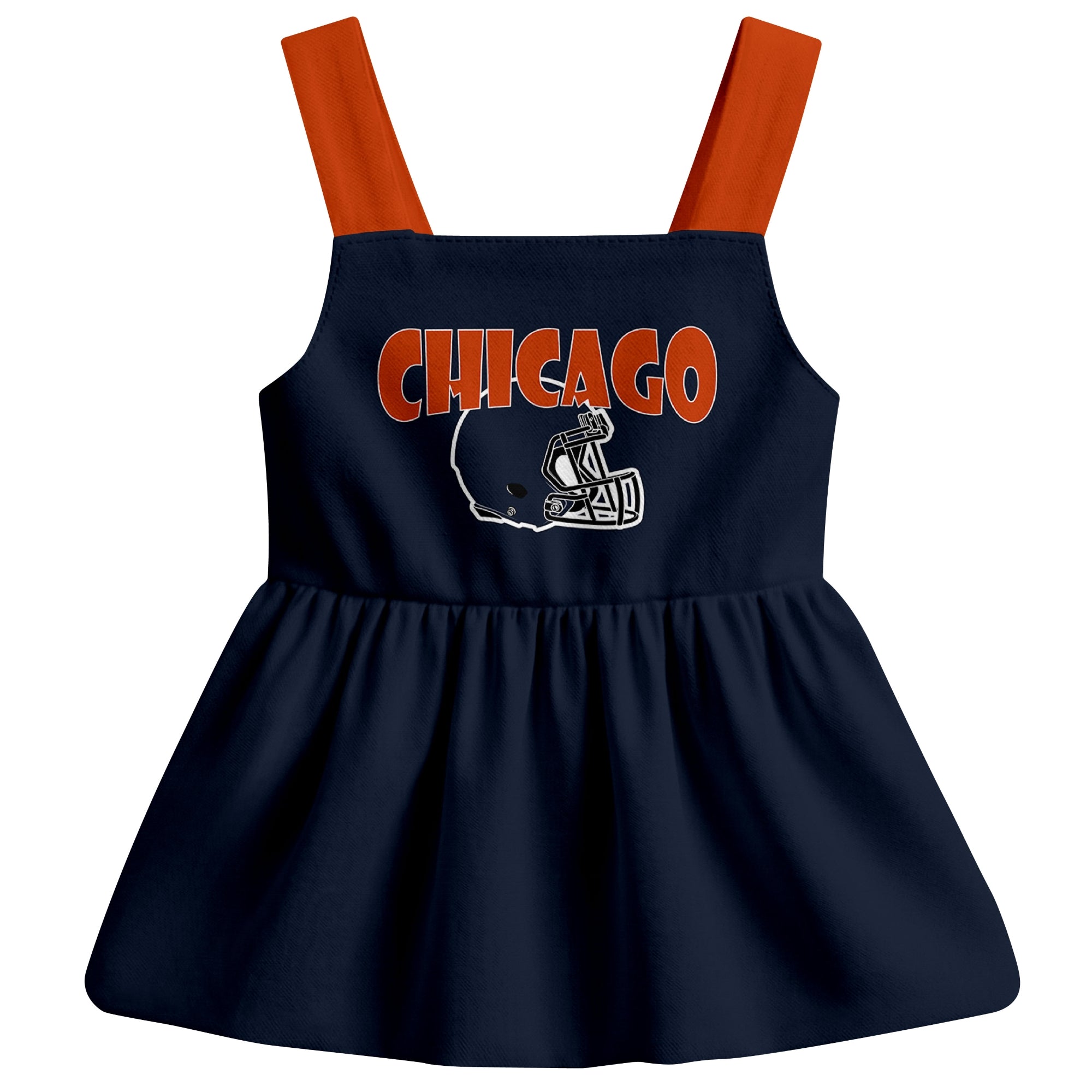 Chicago football baby suspender dress front view with city-color football graphic