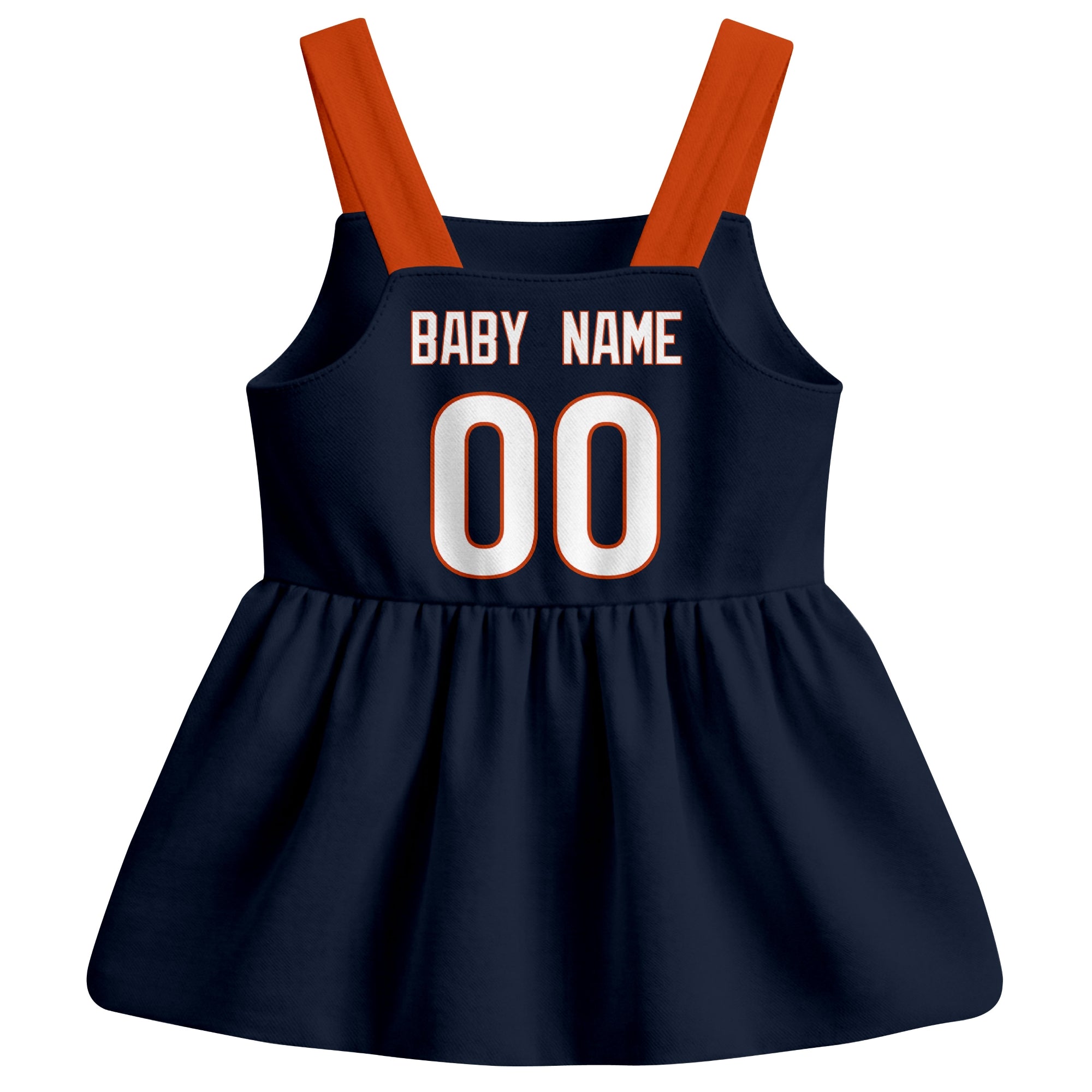 Chicago football baby suspender dress back view with custom baby name and number