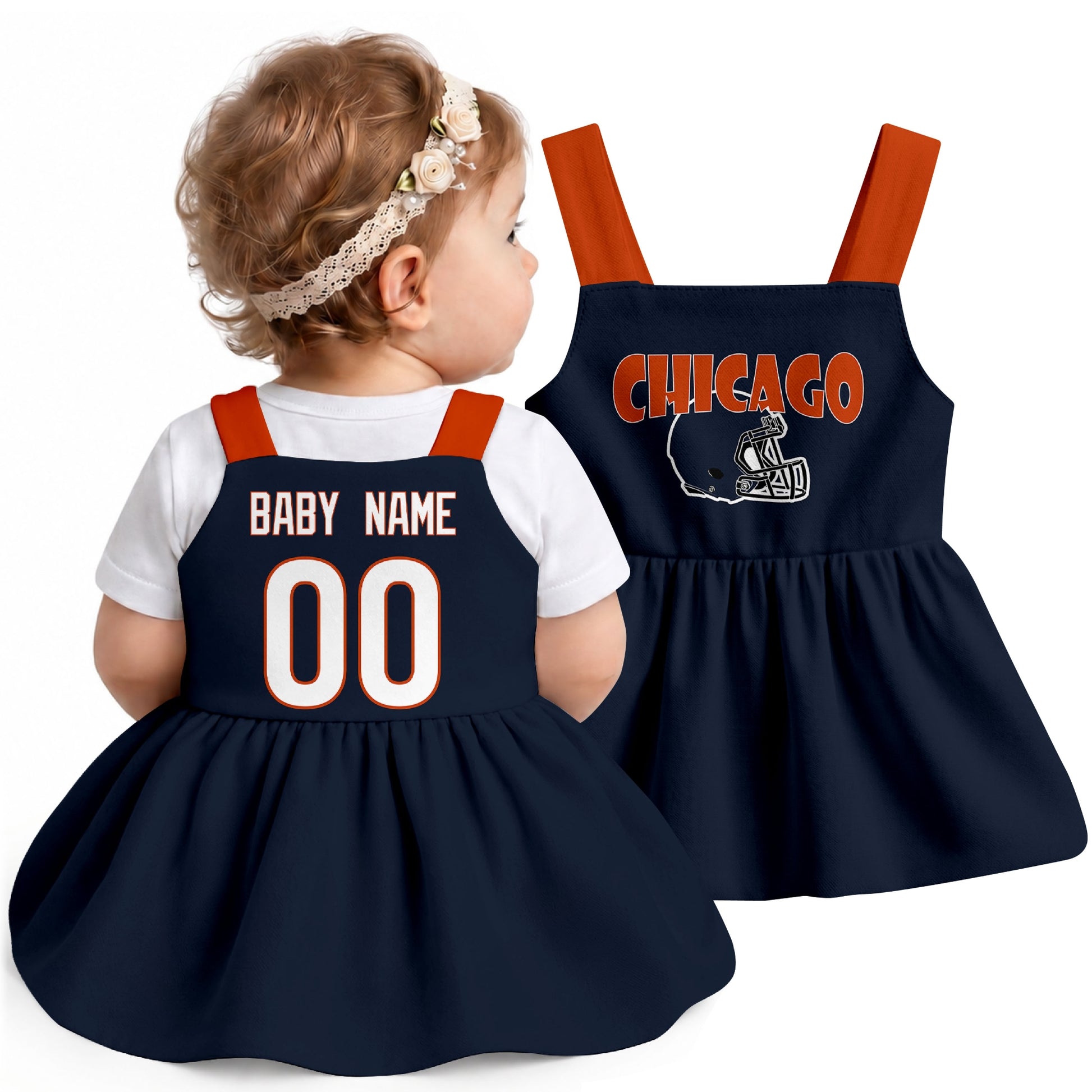 Personalized Chicago football baby suspender dress shown on baby in Navy city-color style