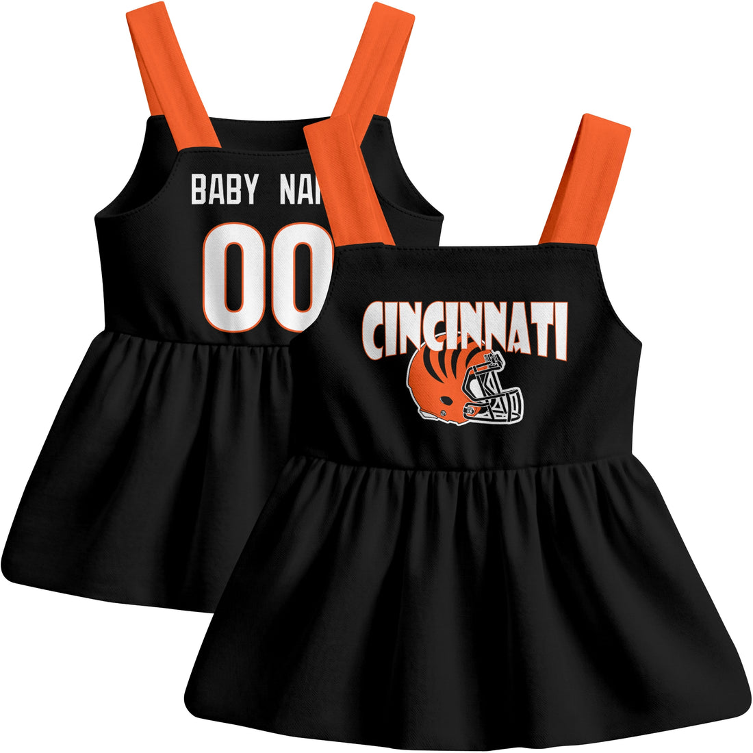 Personalized Cincinnati football baby suspender dress shown on baby in Black city-color style
