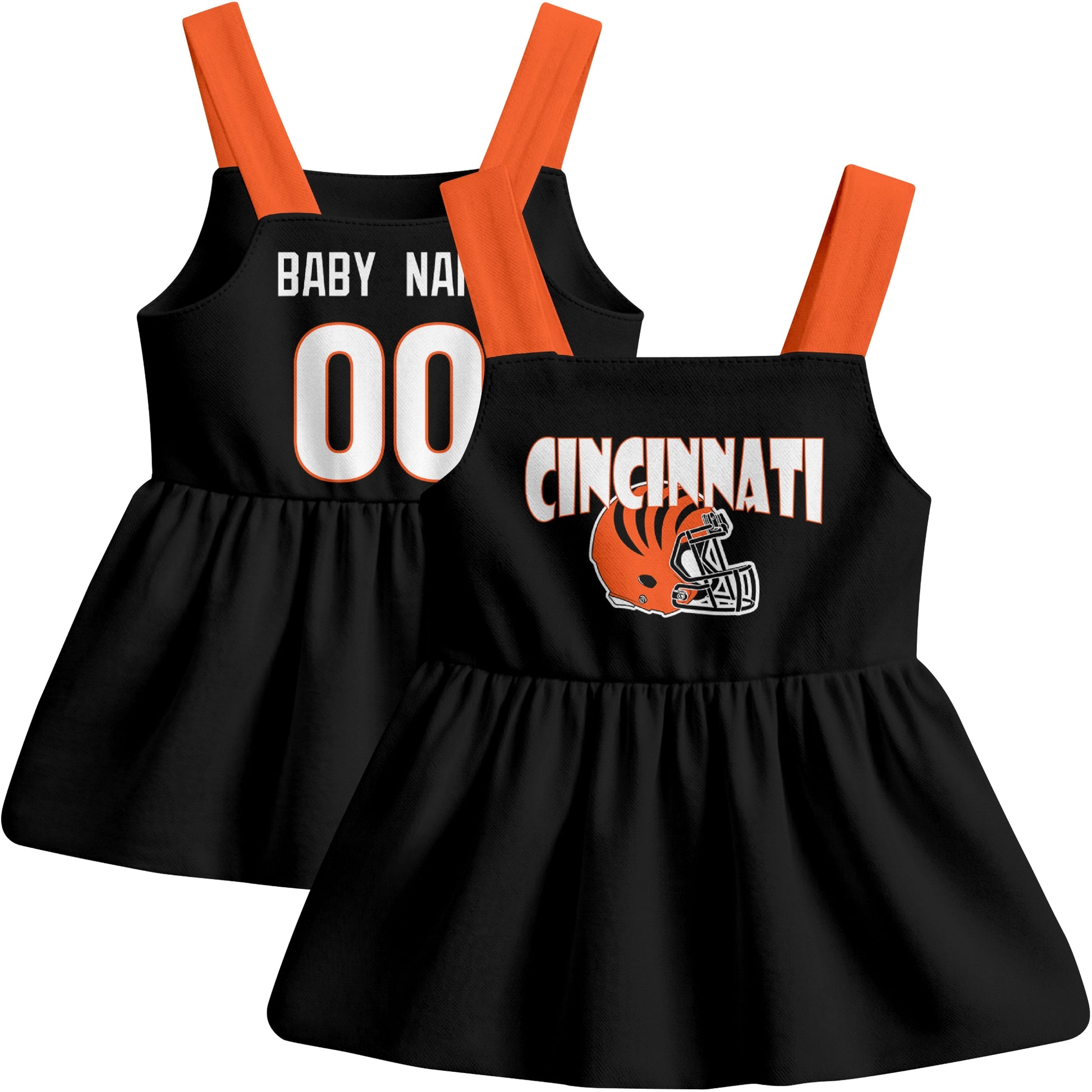 Cincinnati football baby suspender dress front and back view in Black city-color style