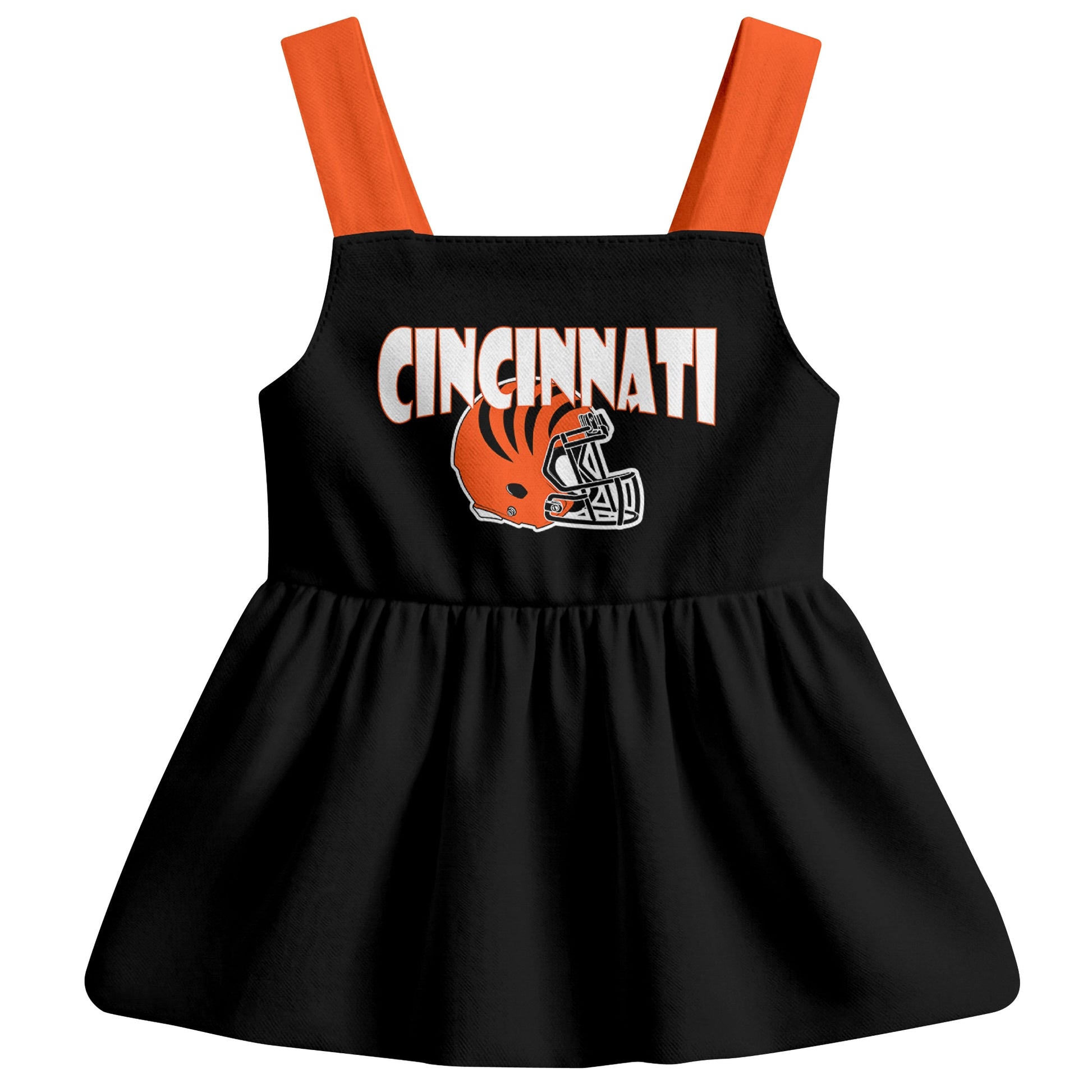 Cincinnati football baby suspender dress front view with city-color football graphic