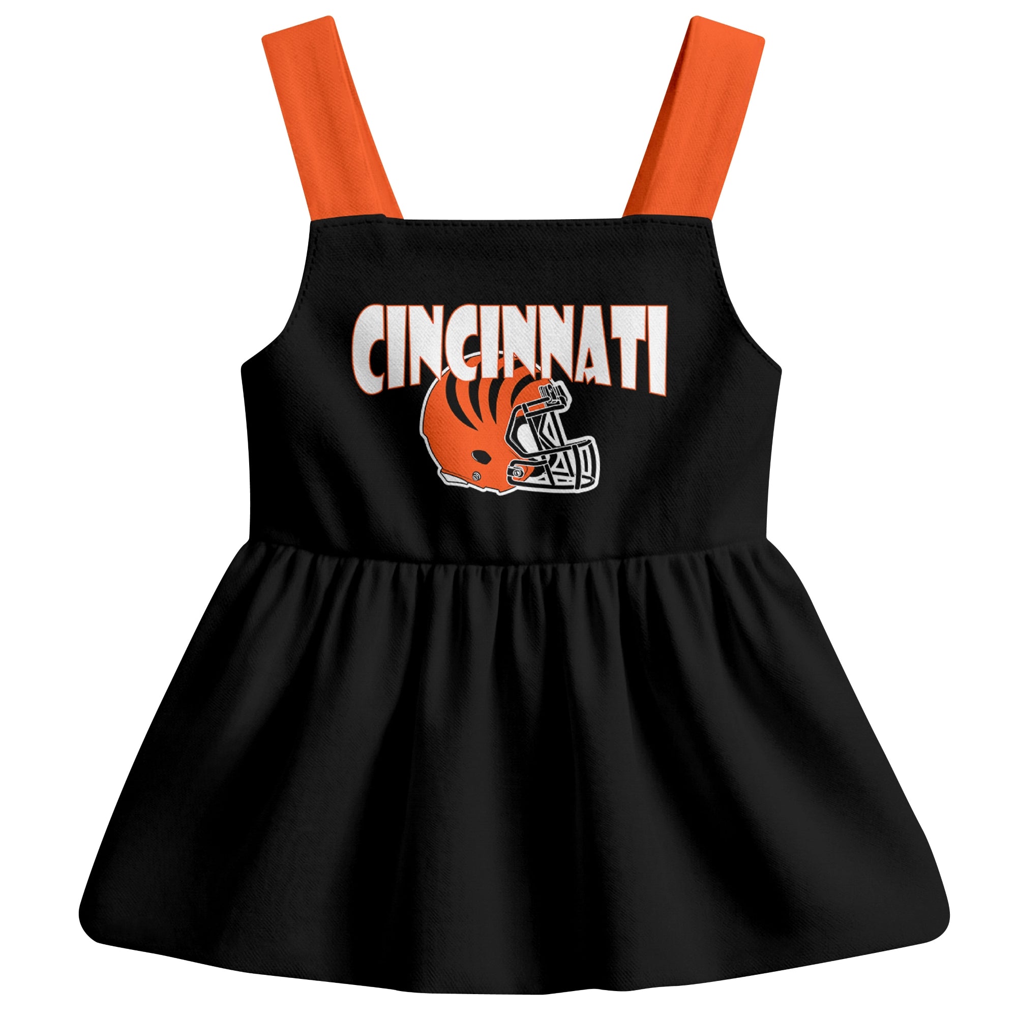 Cincinnati football baby suspender dress front view with city-color football graphic