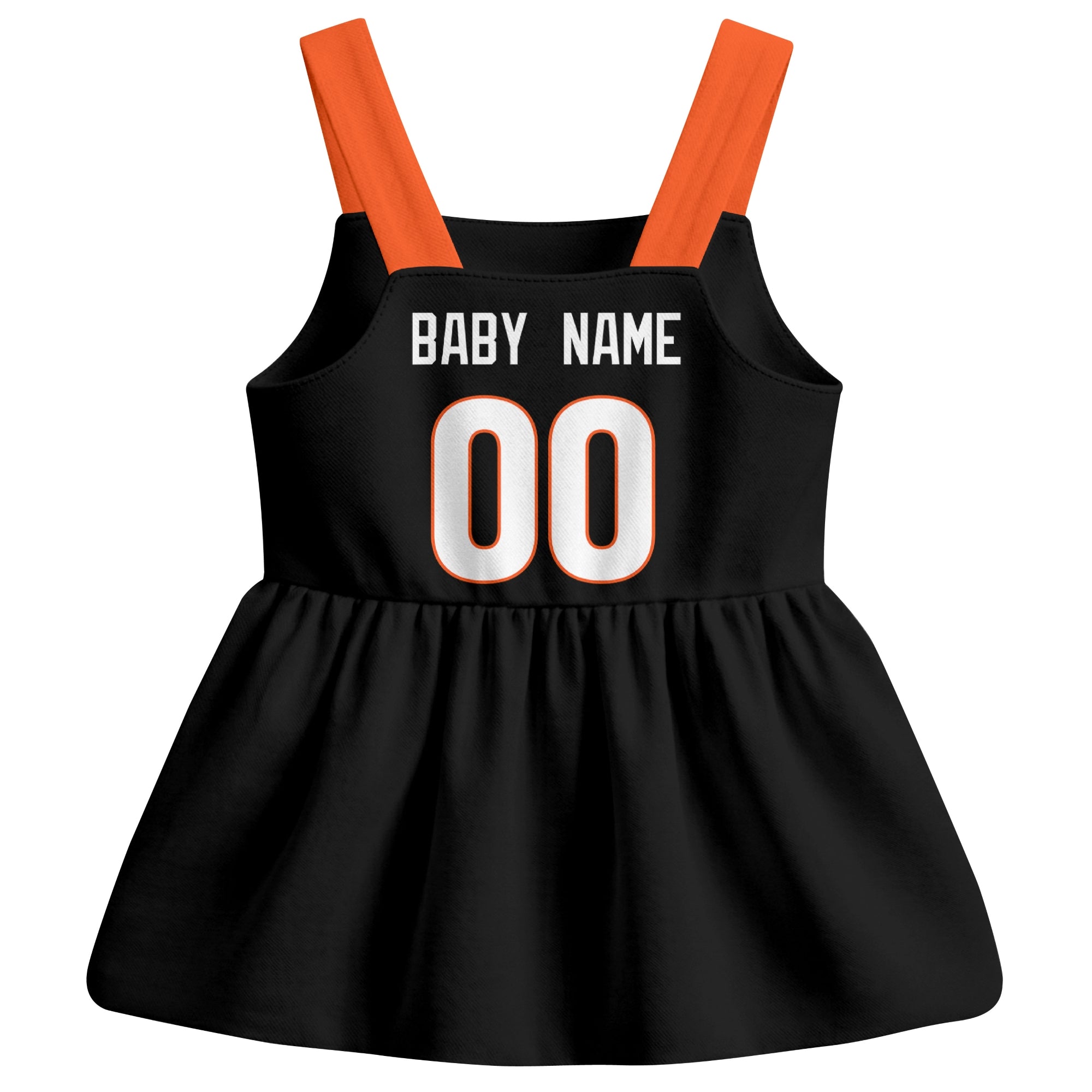 Cincinnati football baby suspender dress back view with custom baby name and number