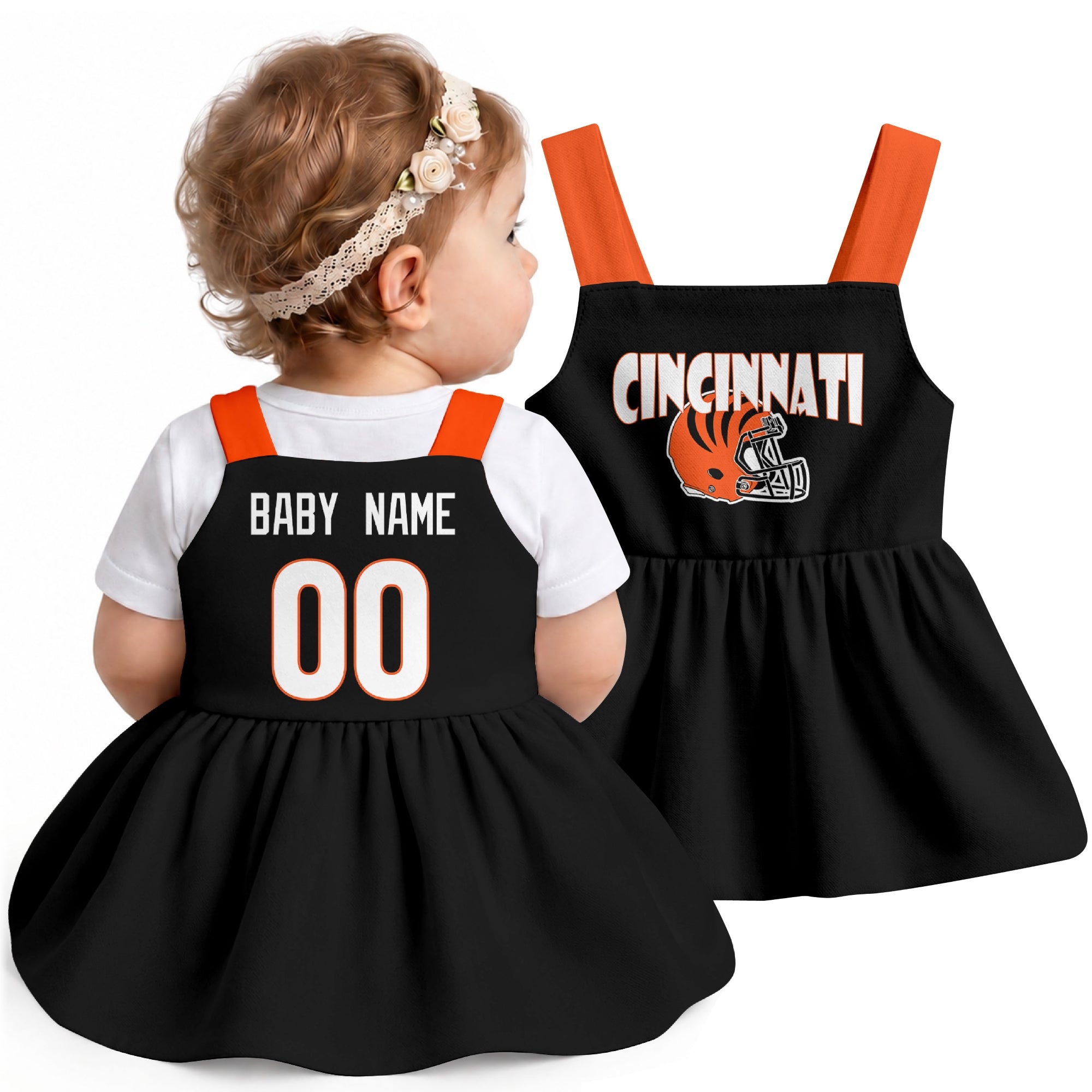 Personalized Cincinnati football baby suspender dress shown on baby in Black city-color style