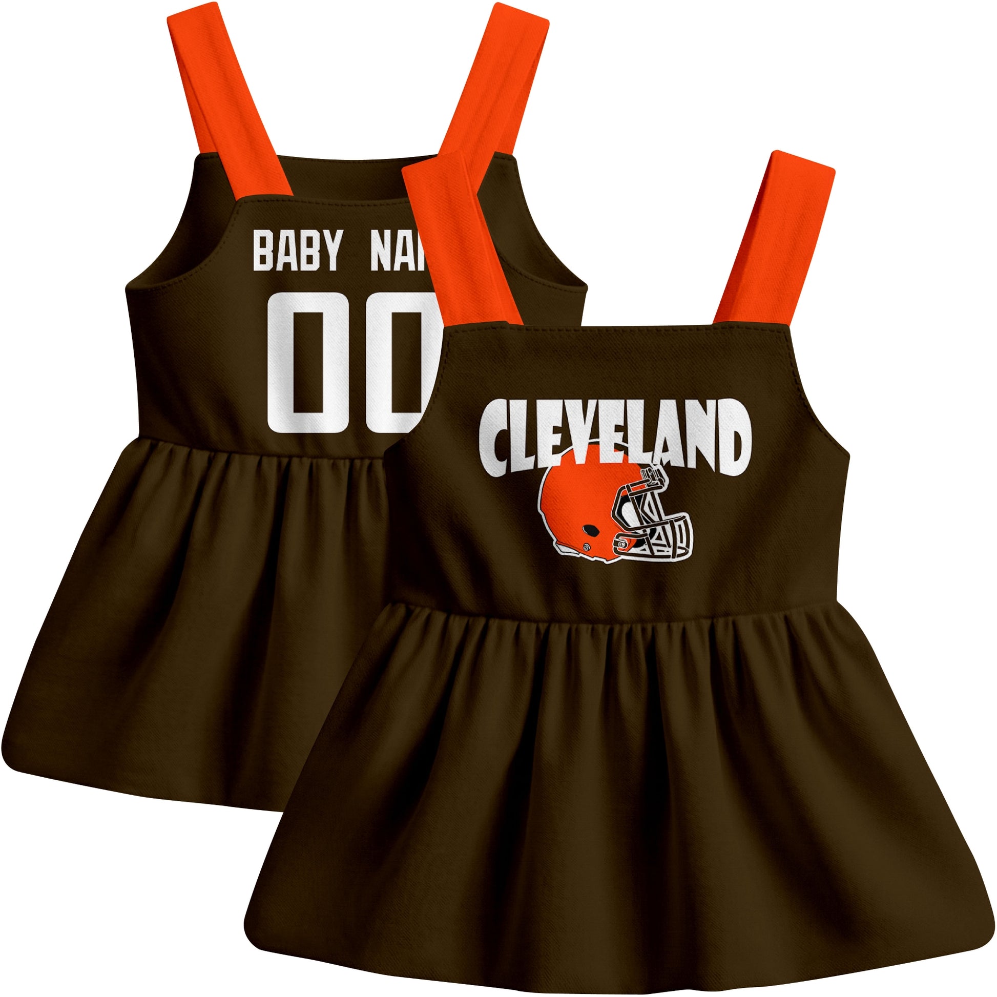 Cleveland football baby suspender dress front and back view in Brown city-color style