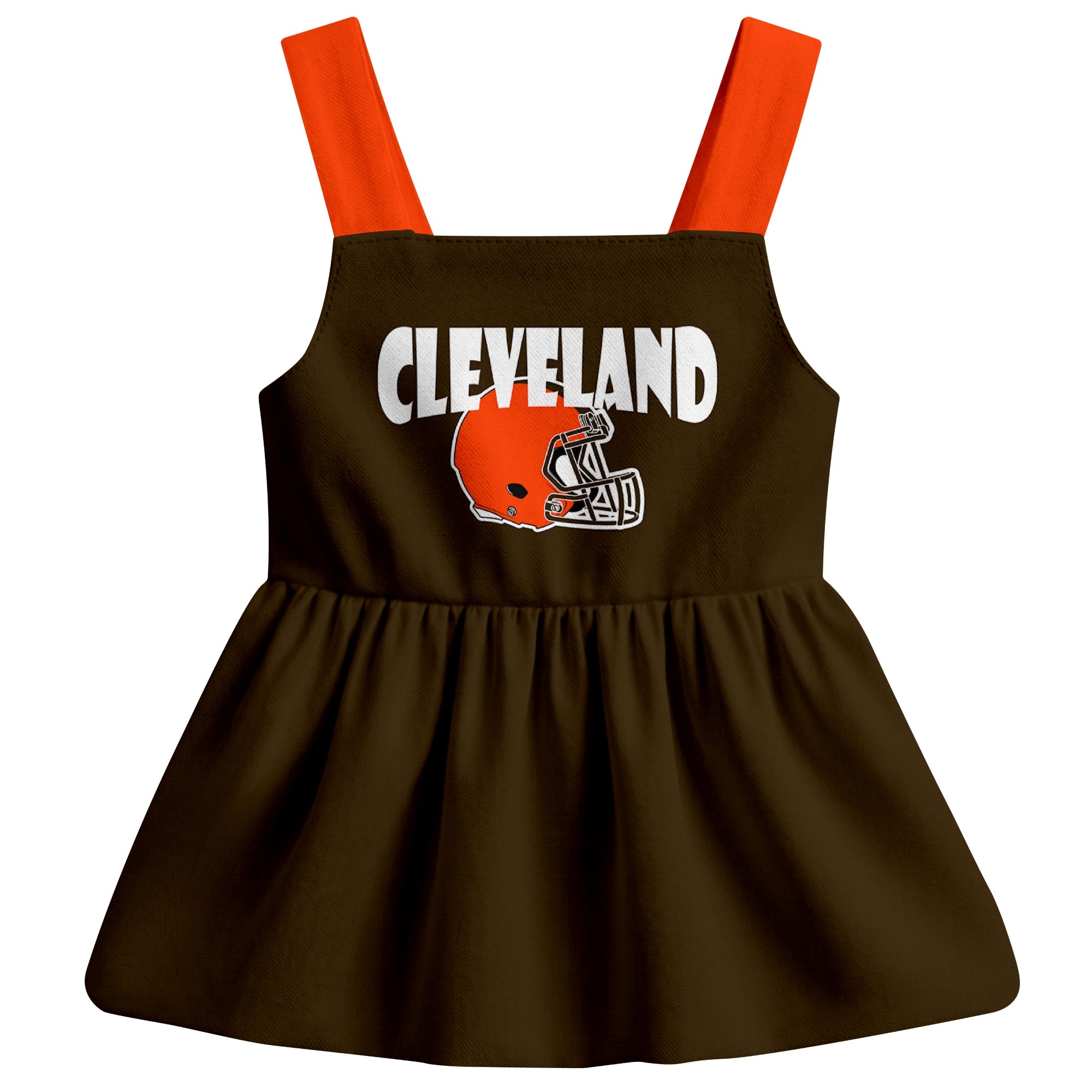 Cleveland football baby suspender dress front view with city-color football graphic