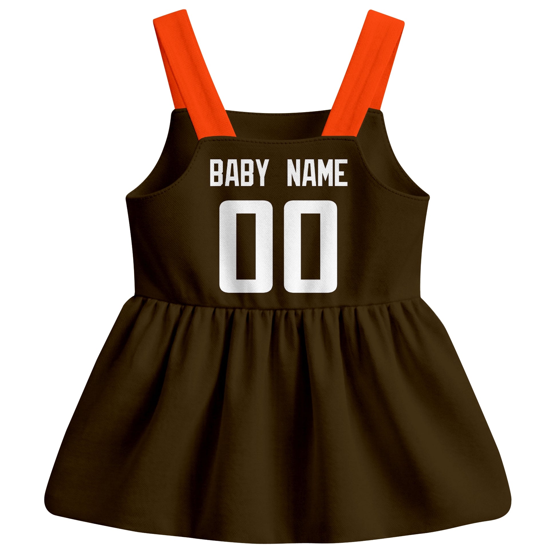 Cleveland football baby suspender dress back view with custom baby name and number