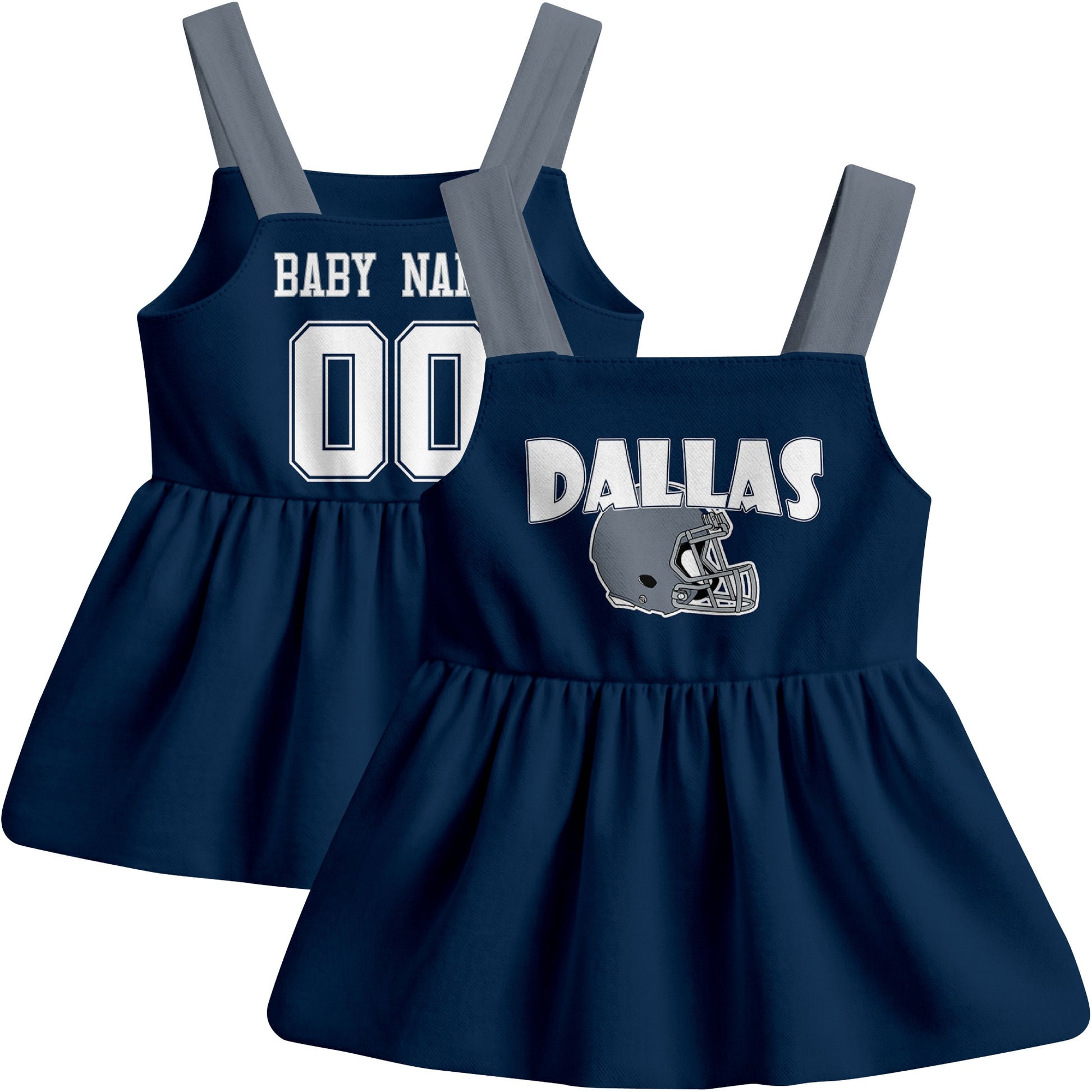 Dallas football baby suspender dress front and back view in Navy city-color style