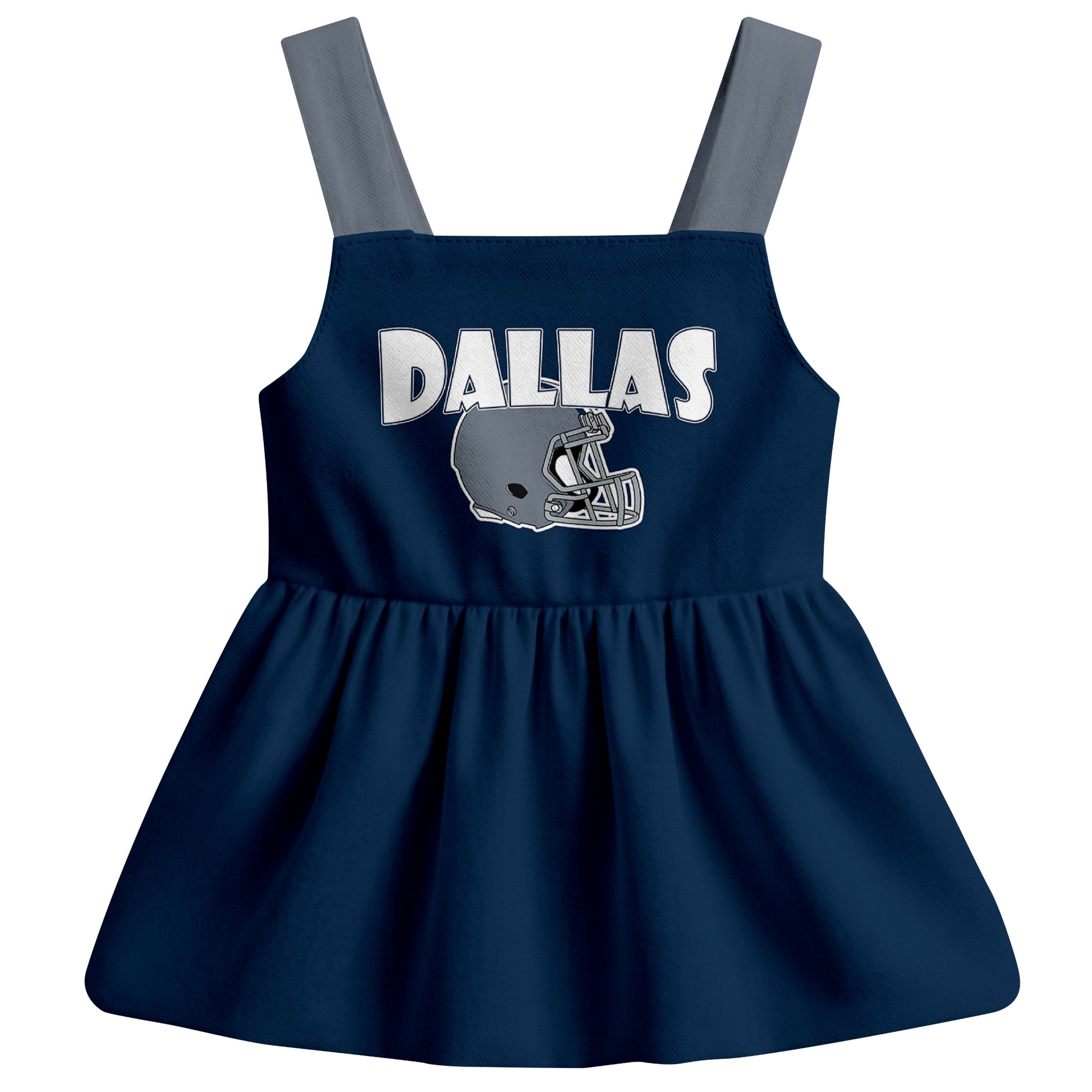 Dallas football baby suspender dress front view with city-color football graphic