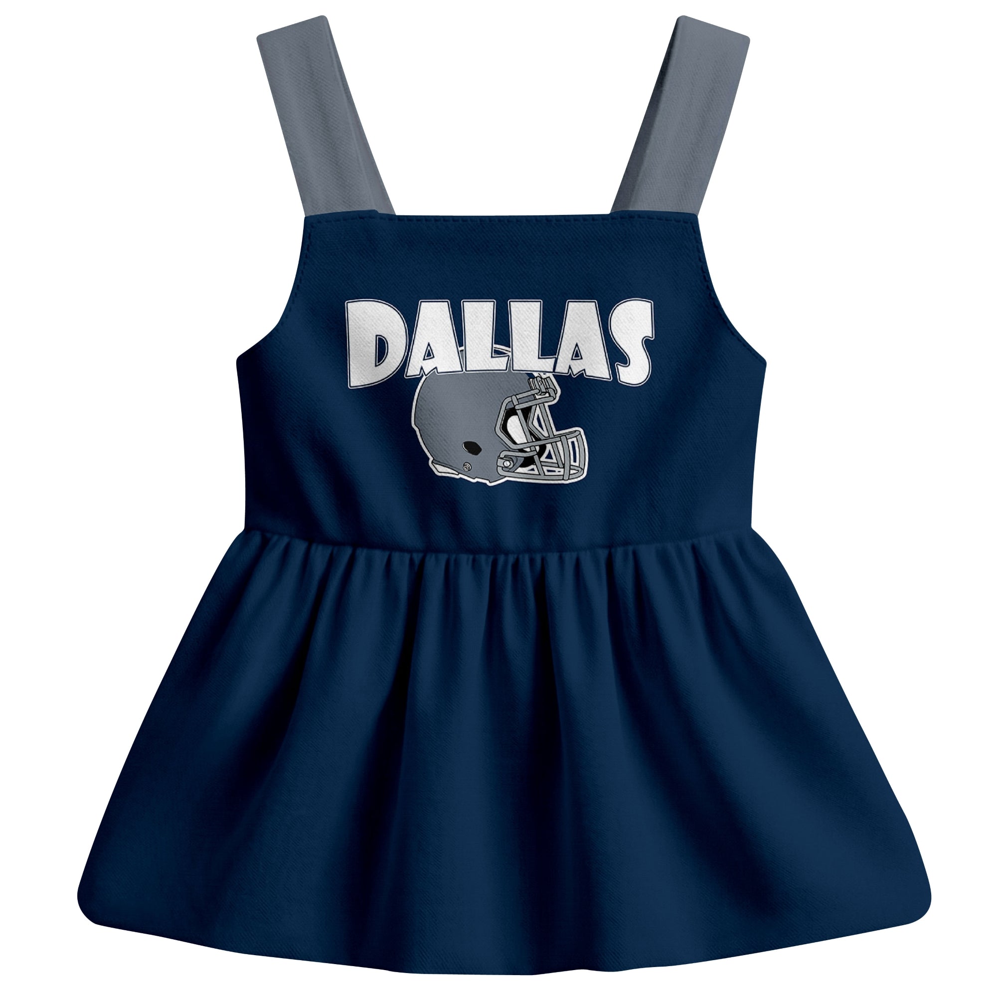 Dallas football baby suspender dress front view with city-color football graphic