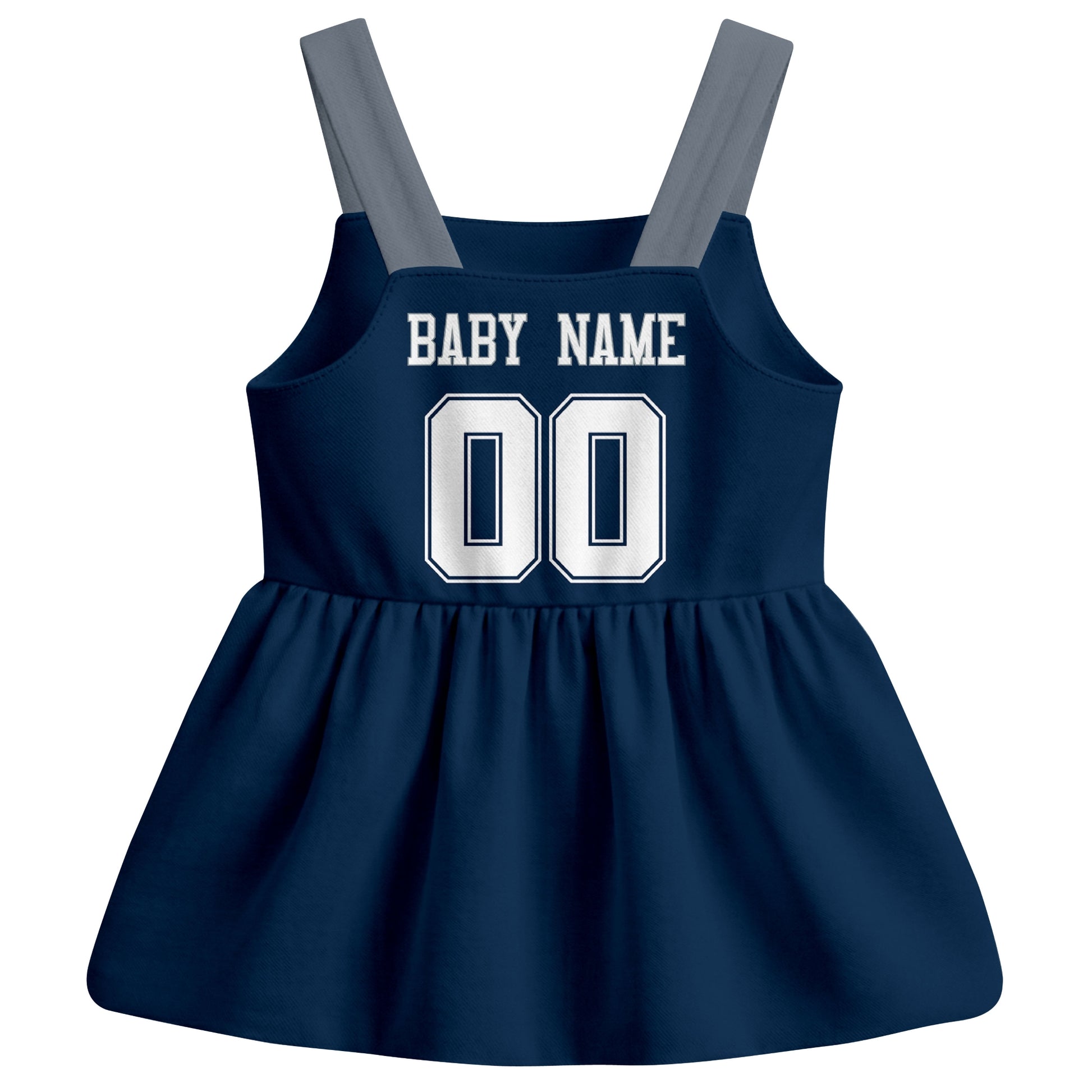 Dallas football baby suspender dress back view with custom baby name and number