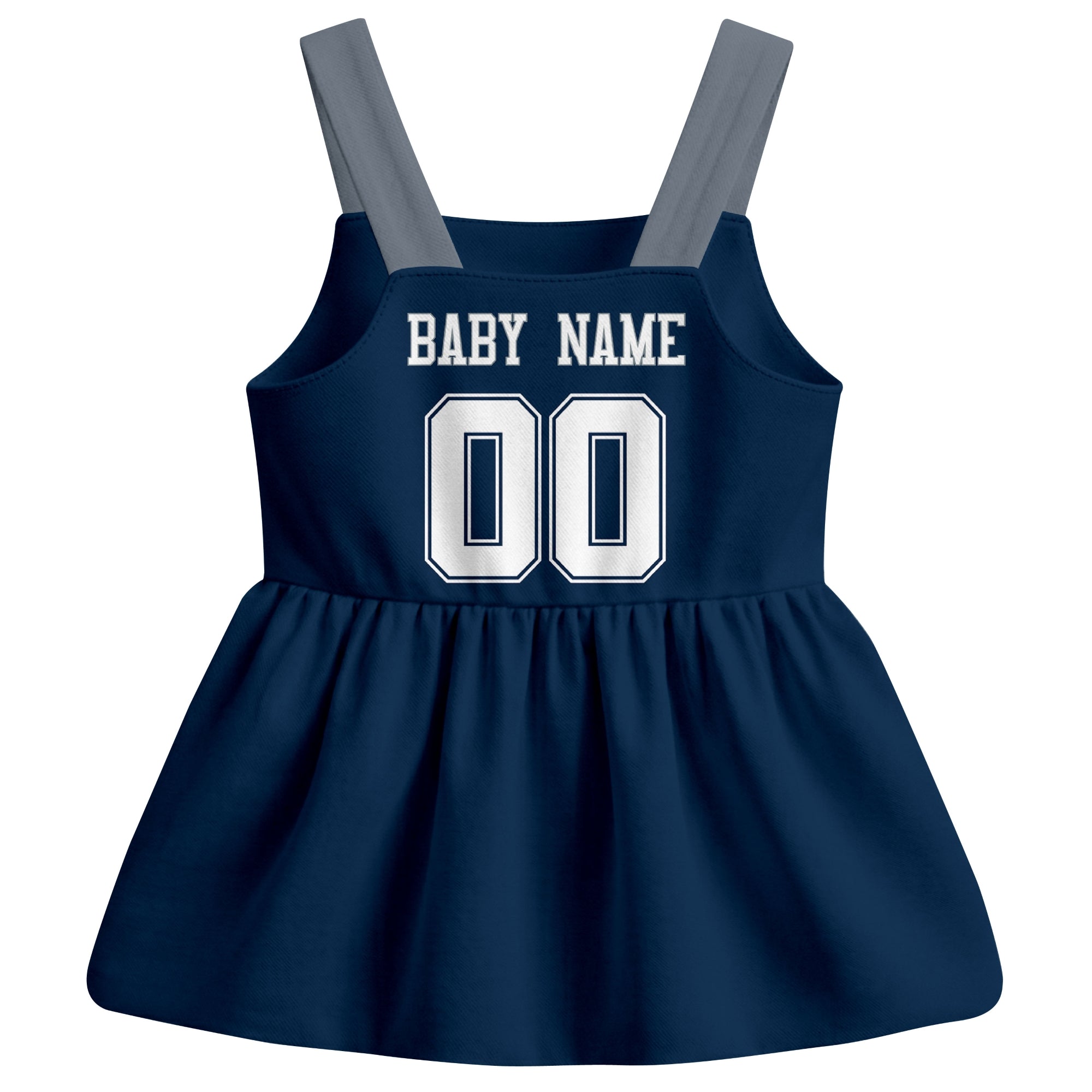 Dallas football baby suspender dress back view with custom baby name and number