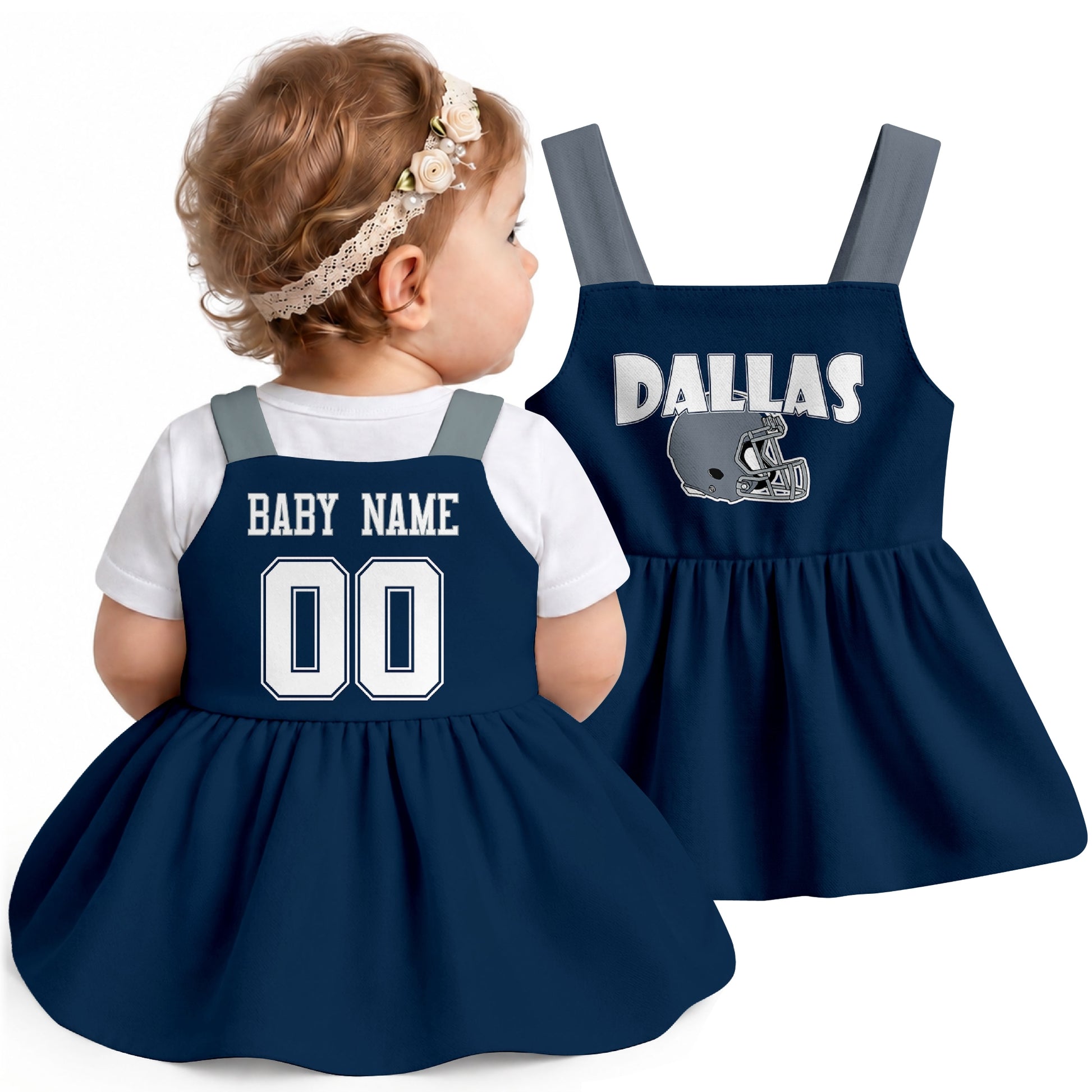 Personalized Dallas football baby suspender dress shown on baby in Navy city-color style