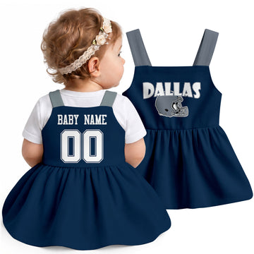 Personalized Dallas football baby suspender dress shown on baby in Navy city-color style