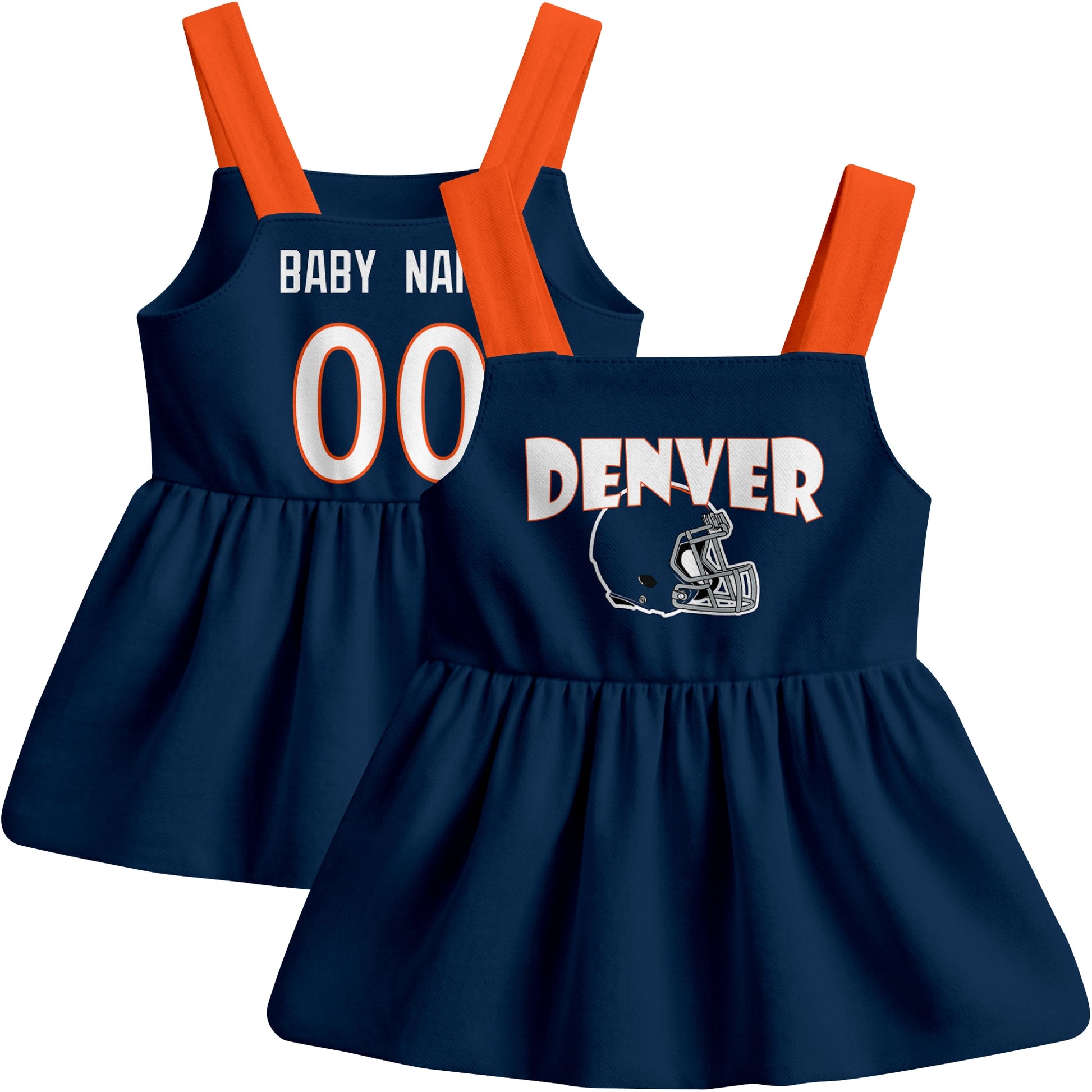 Denver football baby suspender dress front and back view in Navy city-color style