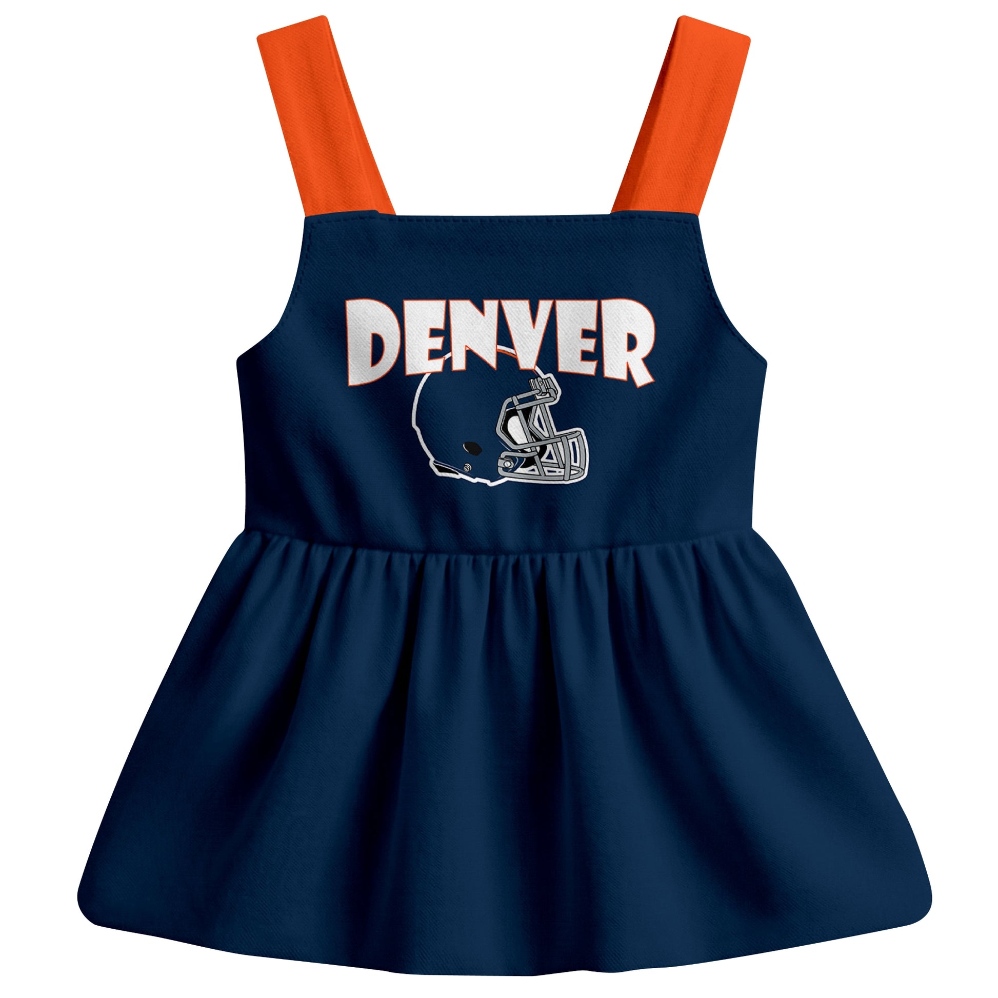 Denver football baby suspender dress front view with city-color football graphic