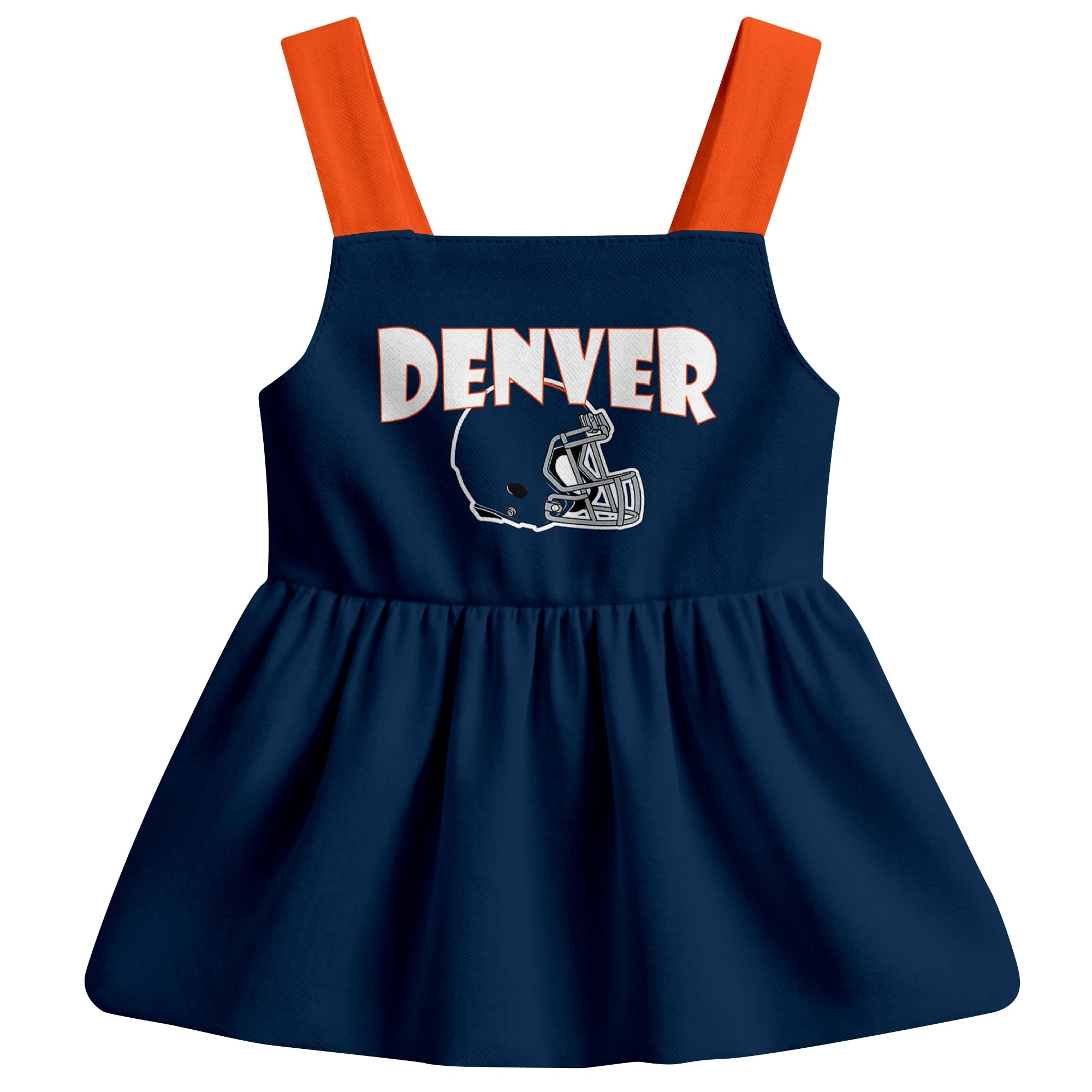 Denver football baby suspender dress front view with city-color football graphic