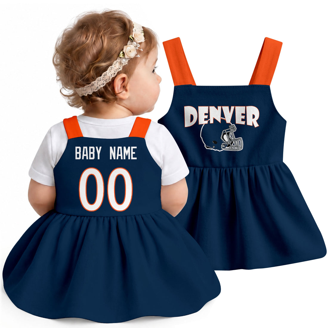 Personalized Denver football baby suspender dress shown on baby in Navy city-color style