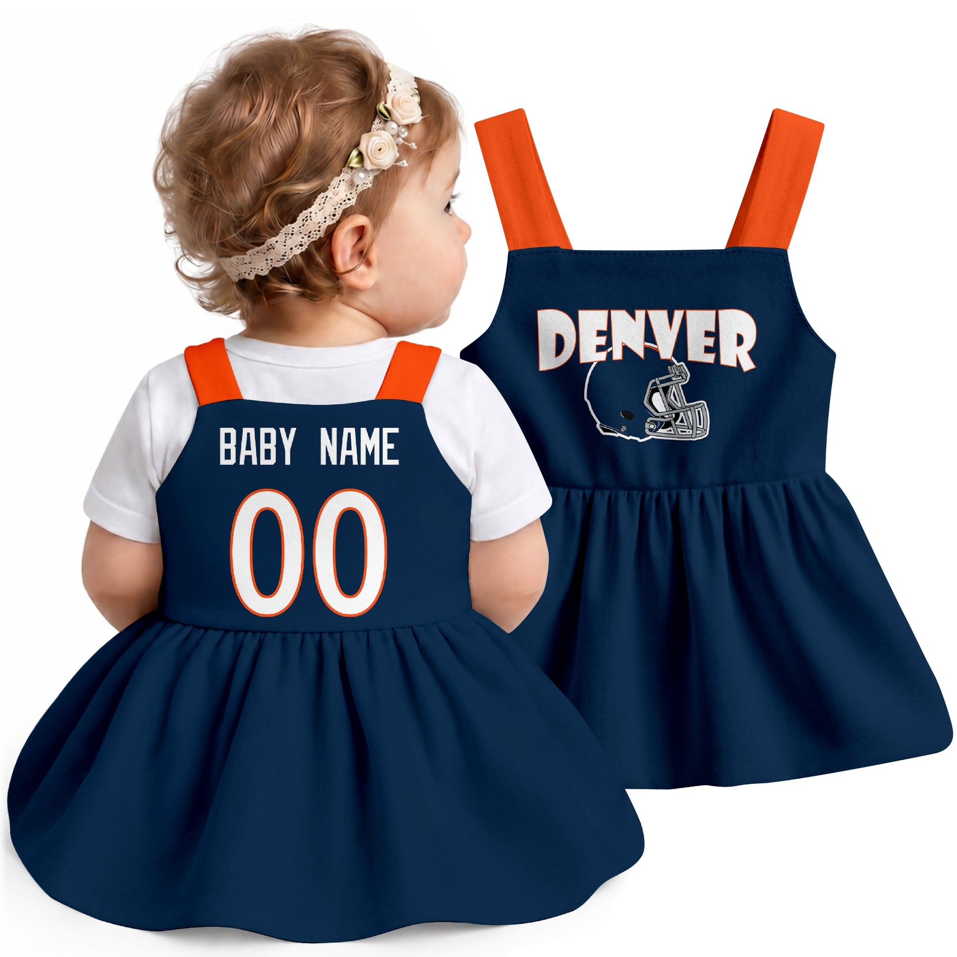 Personalized Denver football baby suspender dress shown on baby in Navy city-color style