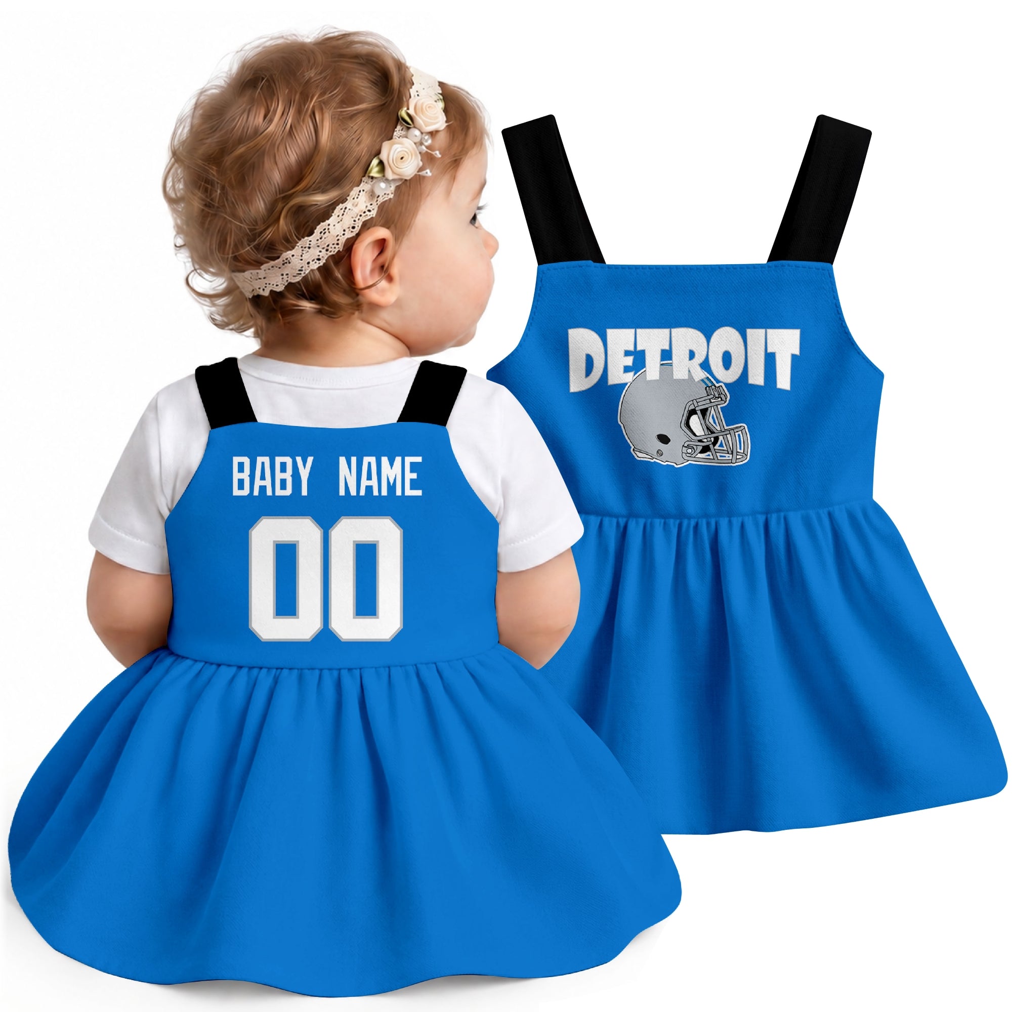 Personalized Detroit football baby suspender dress shown on baby in Blue city-color style