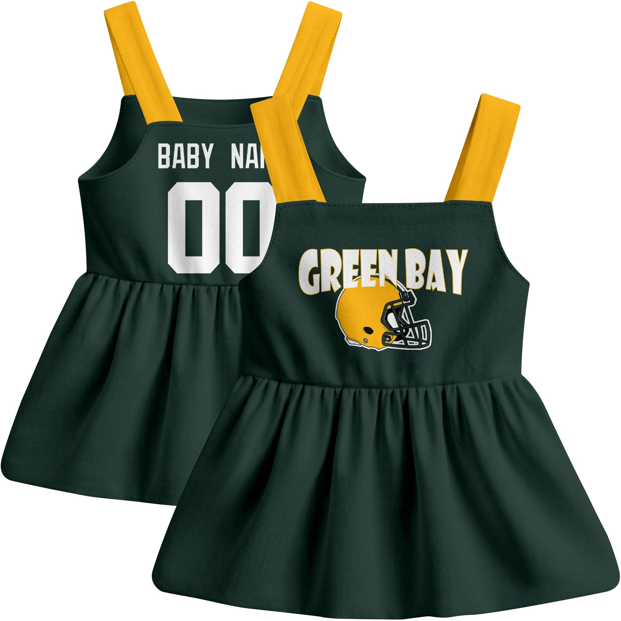 Green Bay football baby suspender dress front and back view in Green city-color style