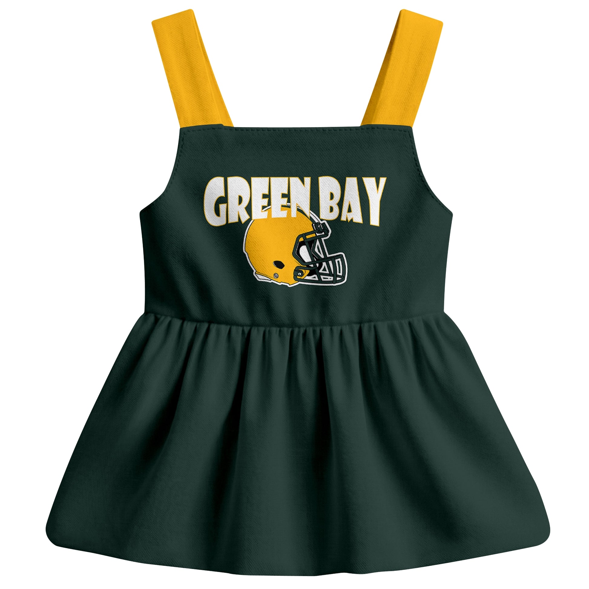 Green Bay football baby suspender dress front view with city-color football graphic