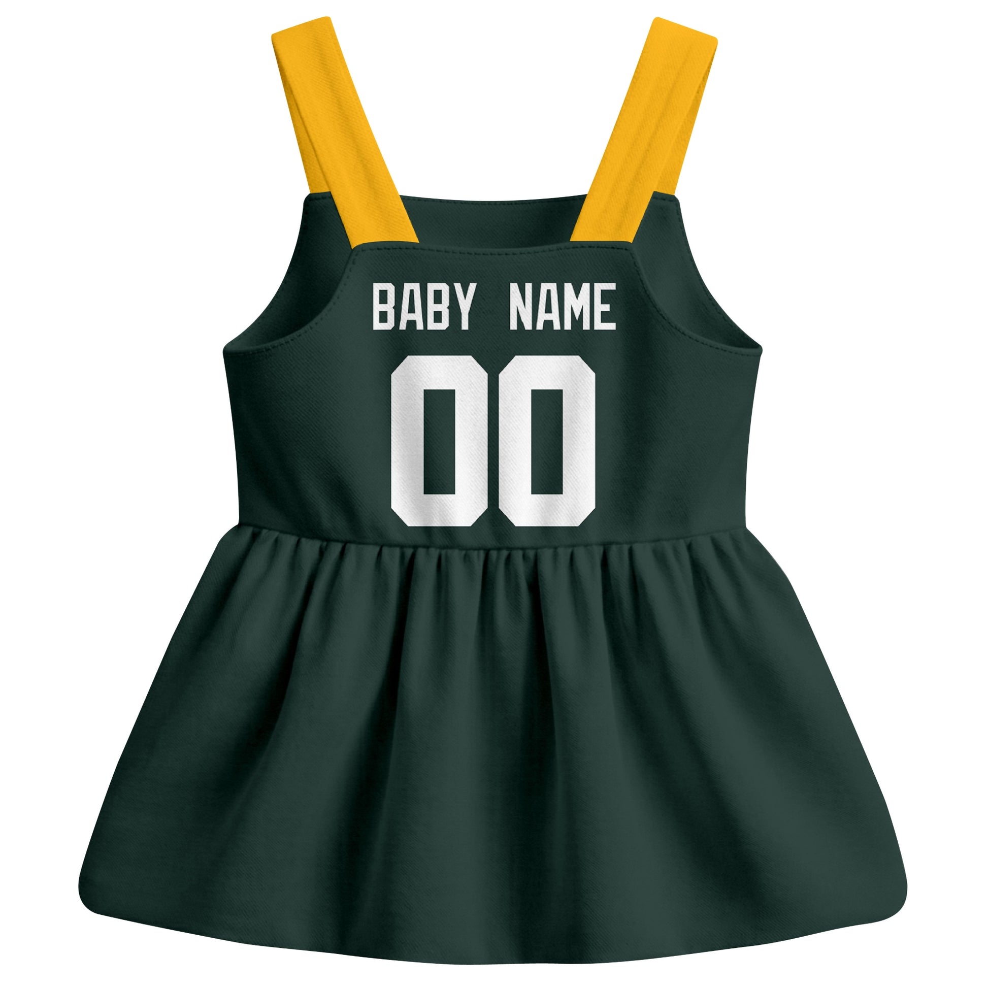 Green Bay football baby suspender dress back view with custom baby name and number