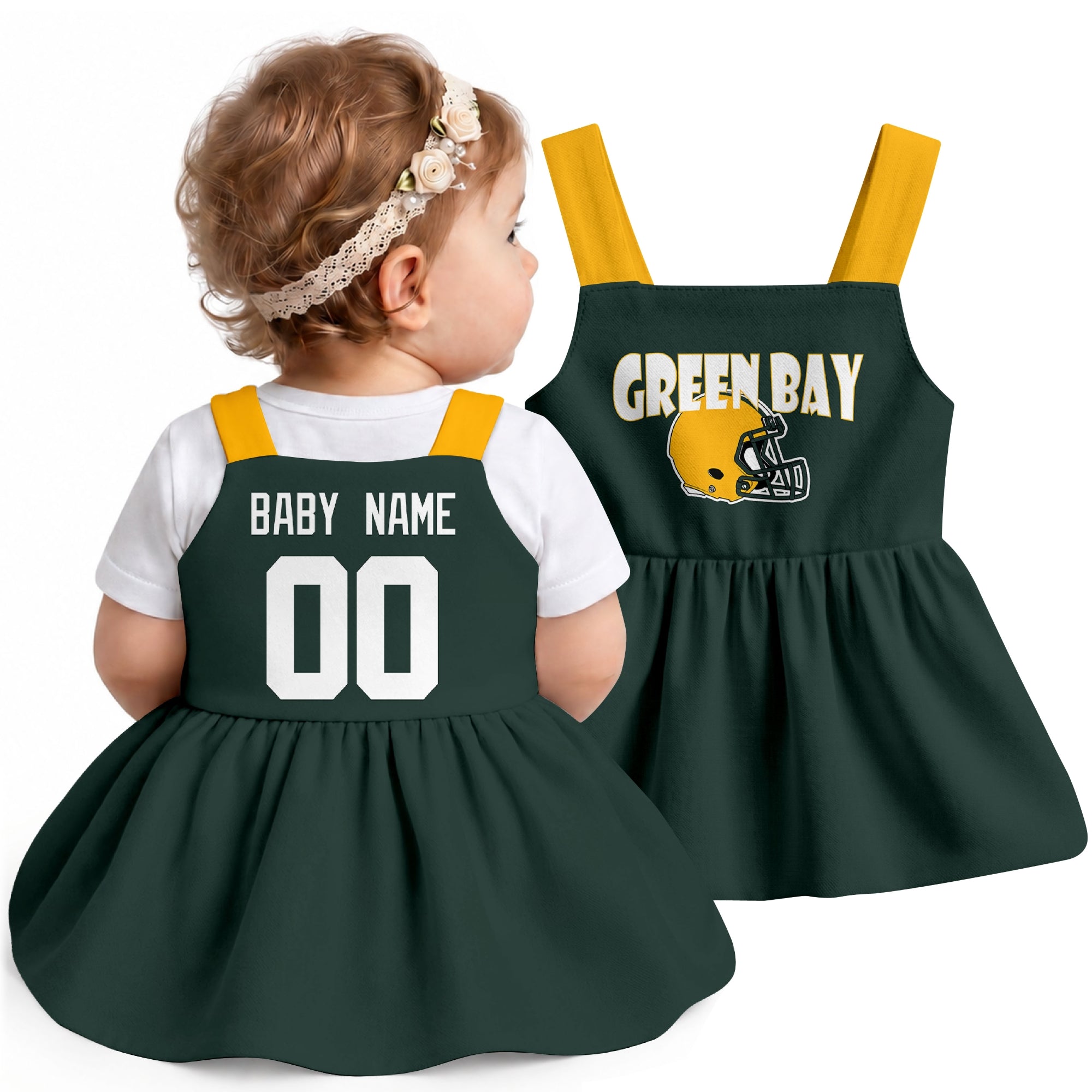 Personalized Green Bay football baby suspender dress shown on baby in Green city-color style