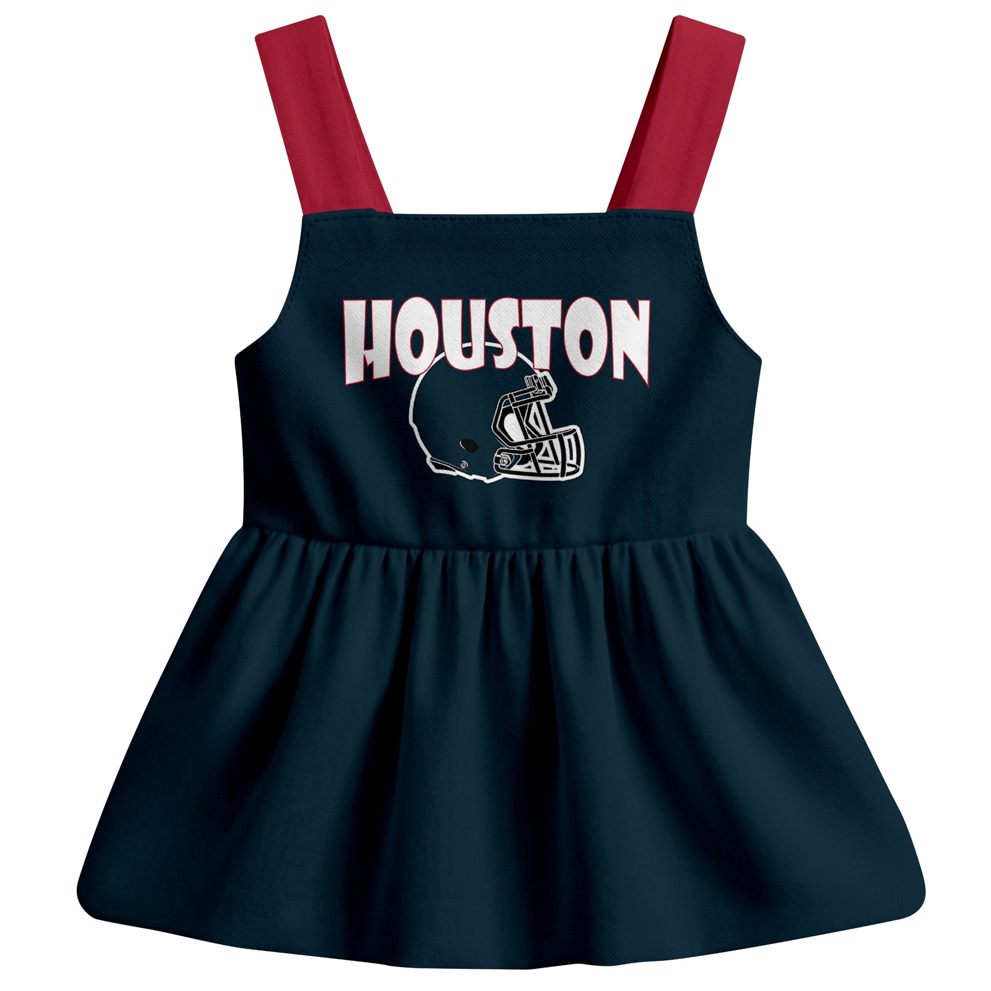 Houston football baby suspender dress front view with city-color football graphic
