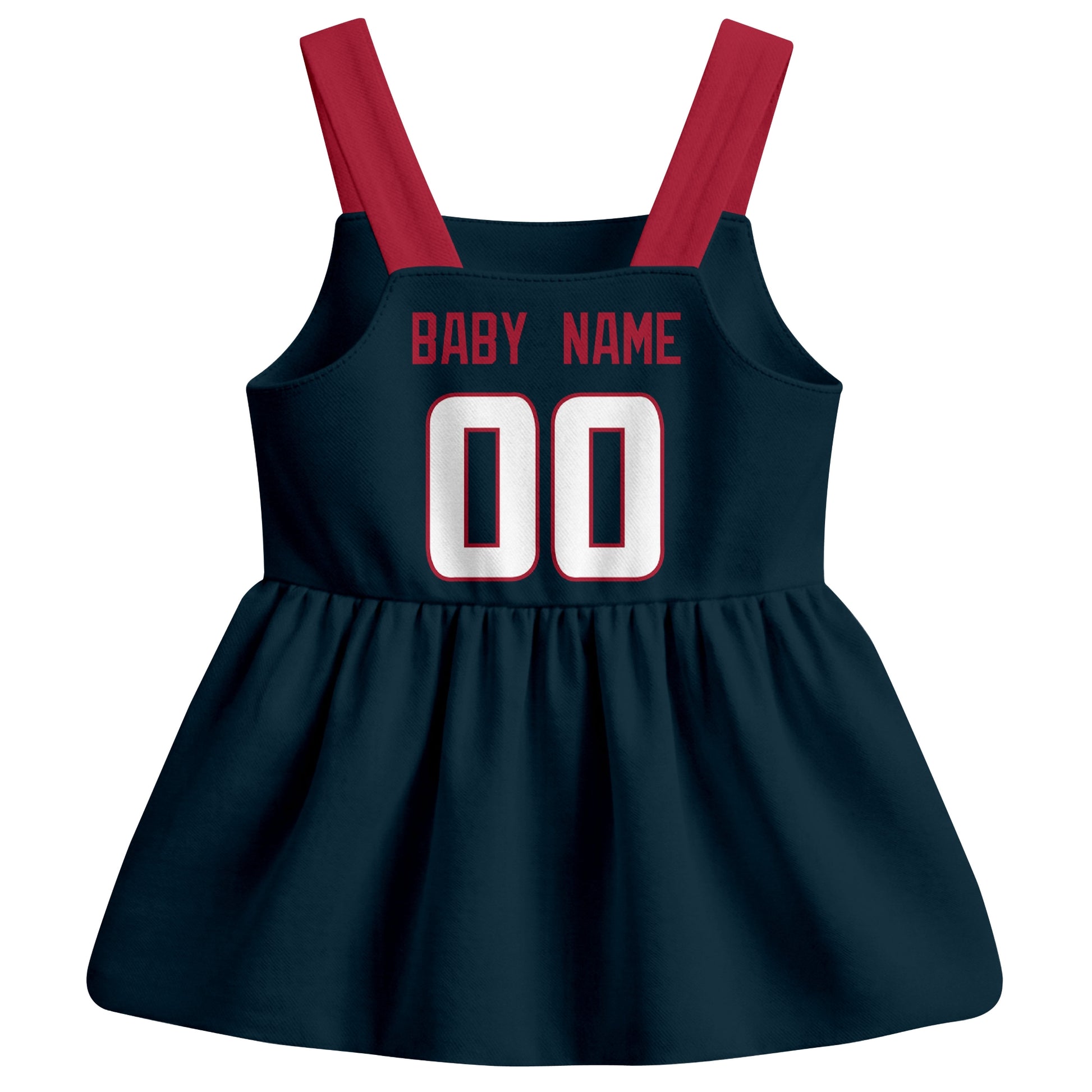 Houston football baby suspender dress back view with custom baby name and number