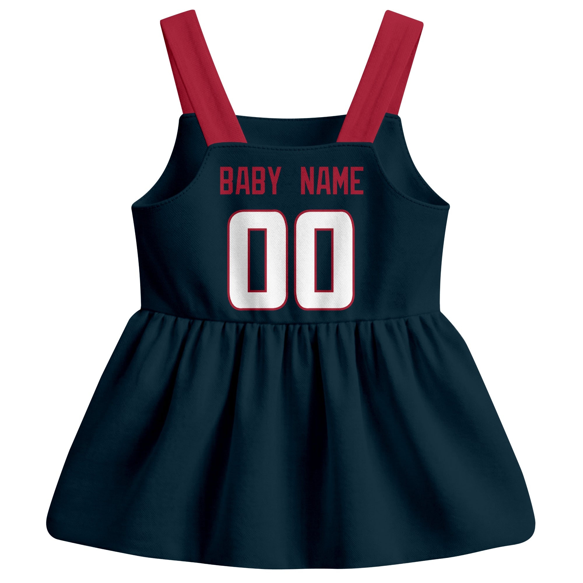 Houston football baby suspender dress back view with custom baby name and number