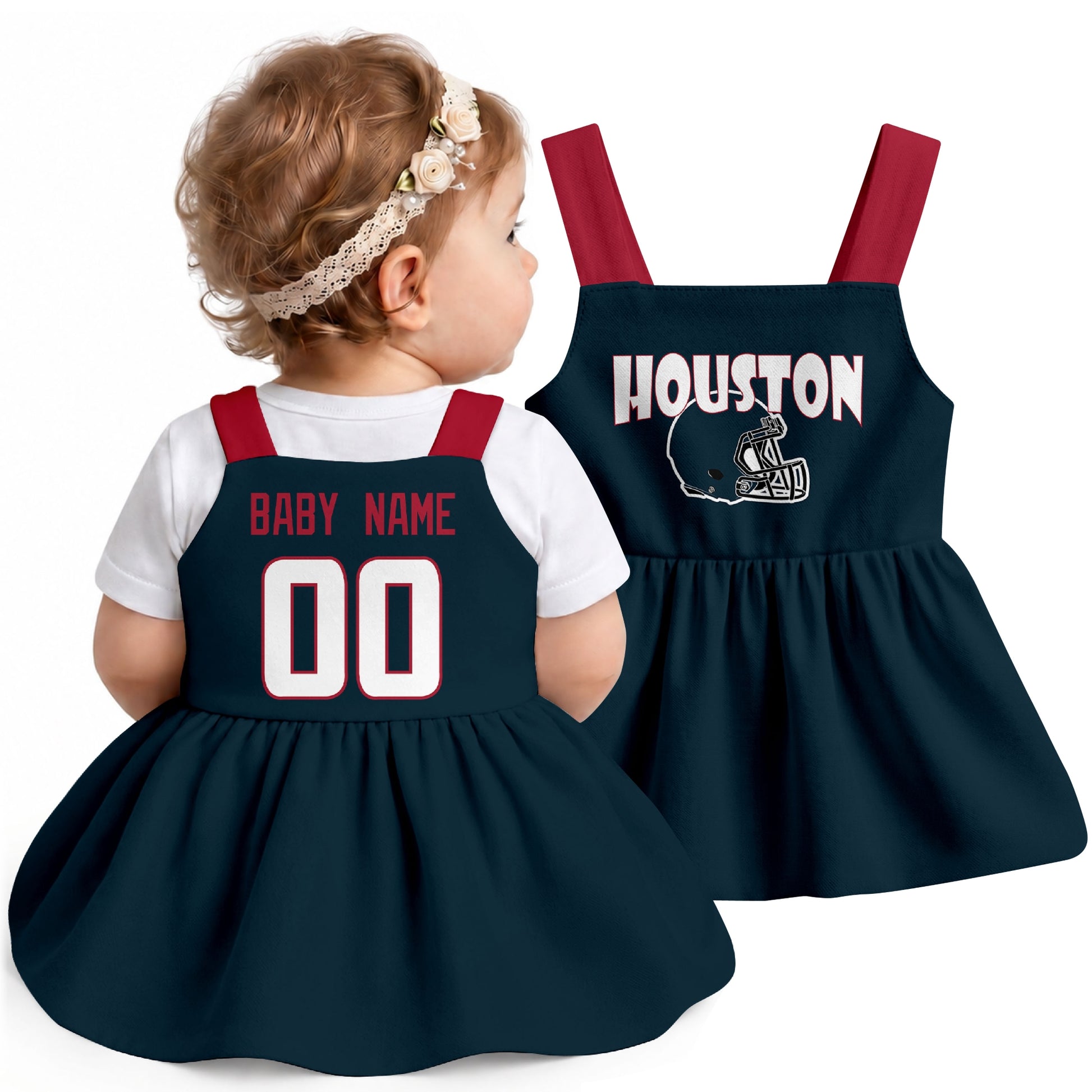 Personalized Houston football baby suspender dress shown on baby in Navy city-color style