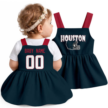 Personalized Houston football baby suspender dress shown on baby in Navy city-color style