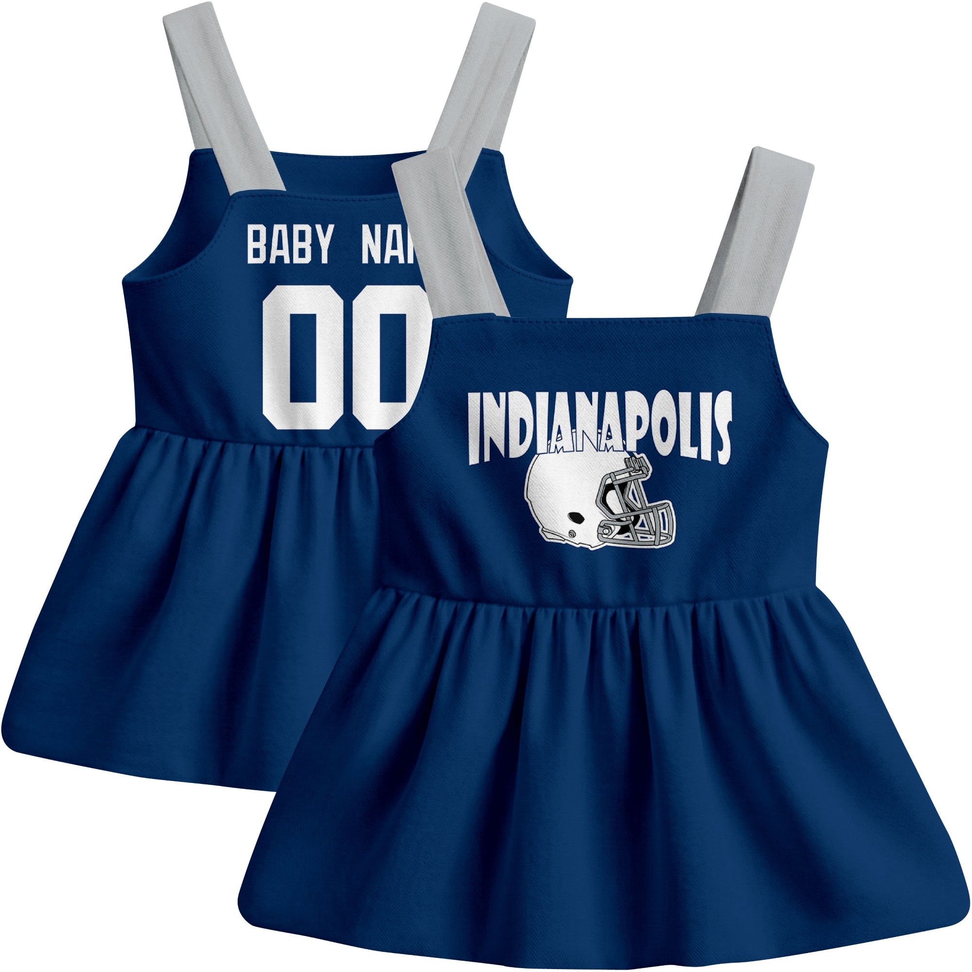 Indianapolis football baby suspender dress front and back view in Royal city-color style