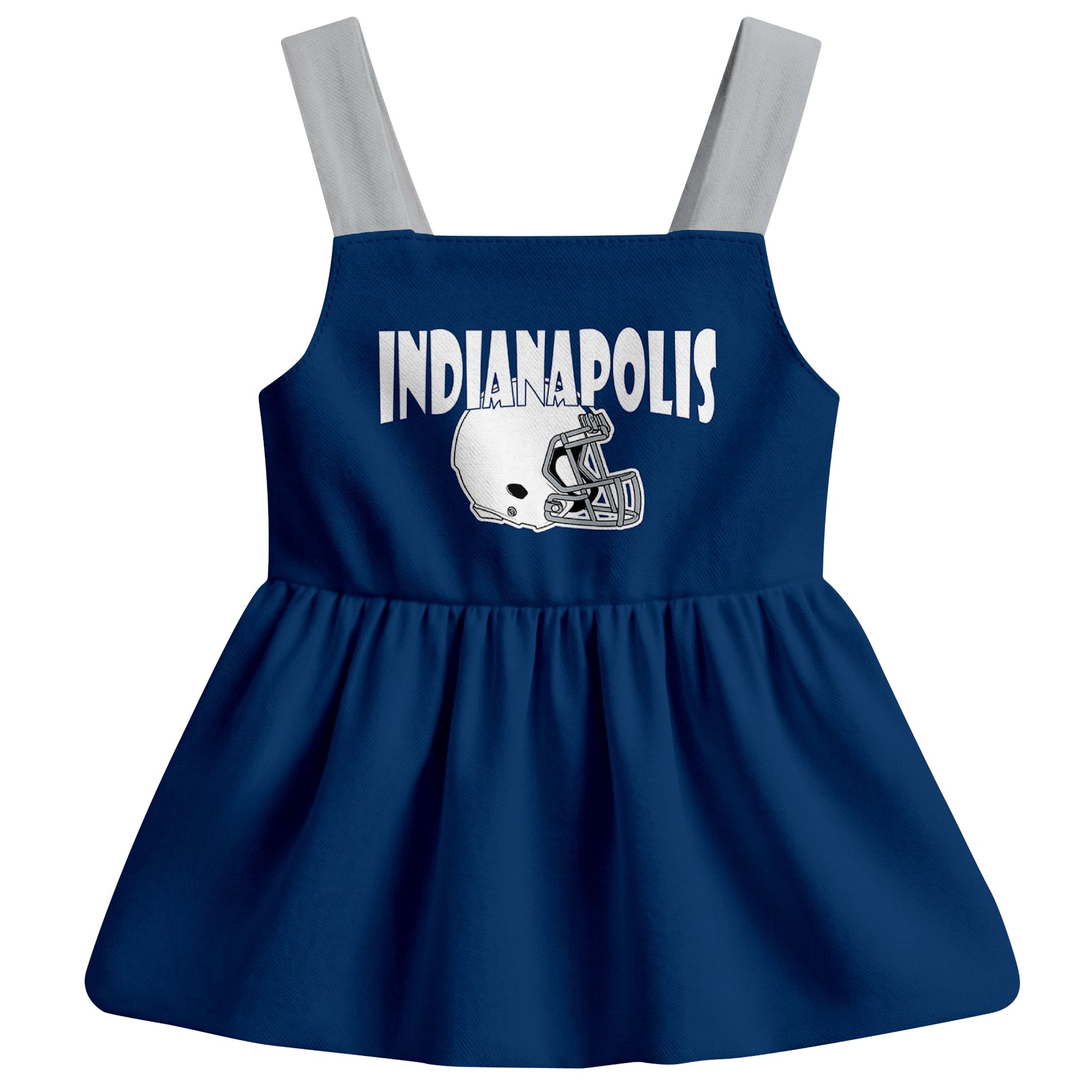 Indianapolis football baby suspender dress front view with city-color football graphic