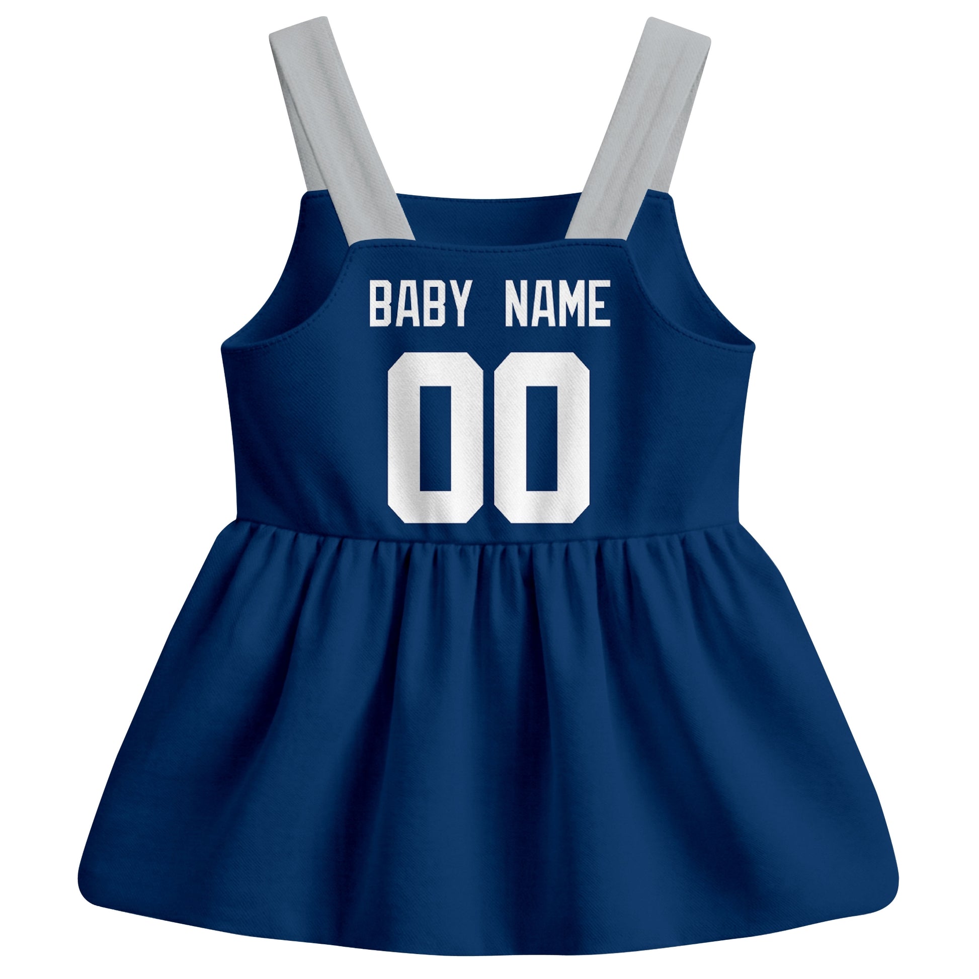 Indianapolis football baby suspender dress back view with custom baby name and number