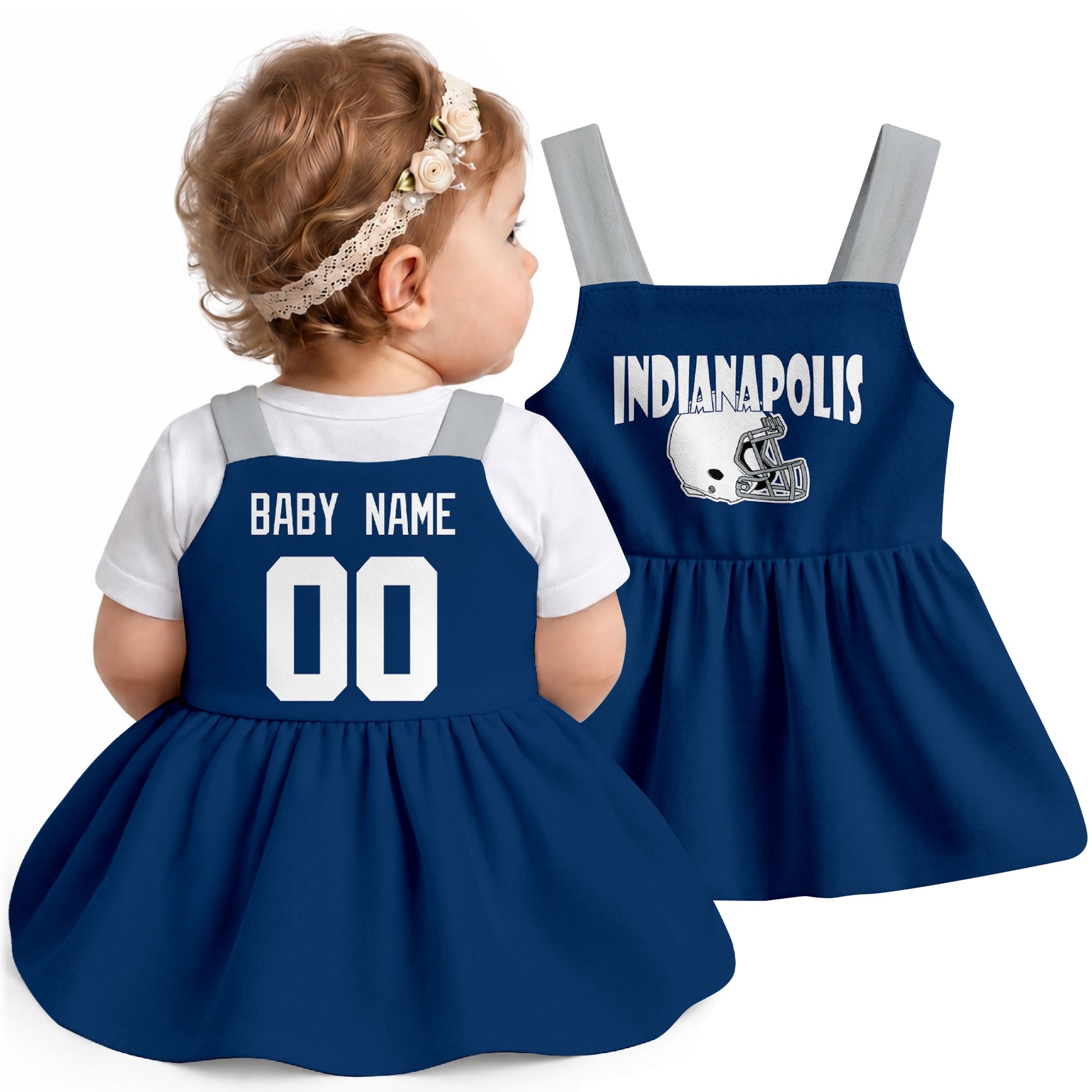 Personalized Indianapolis football baby suspender dress shown on baby in Royal city-color style