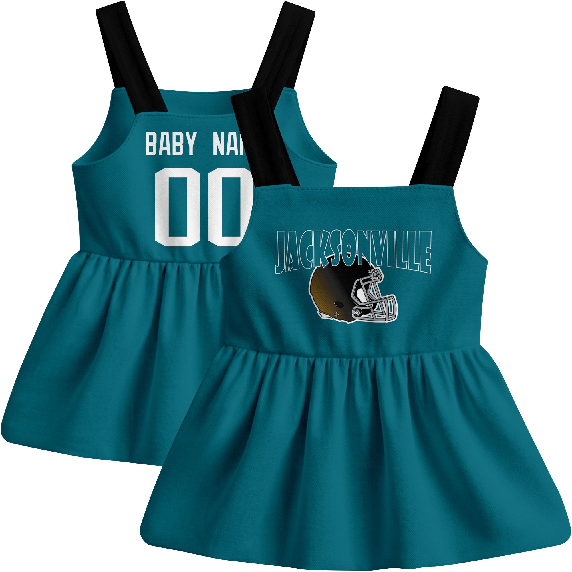 Jacksonville football baby suspender dress front and back view in Teal city-color style