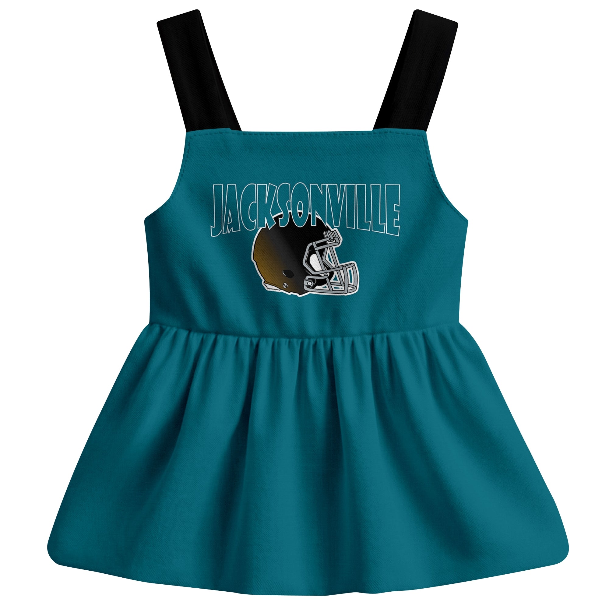 Jacksonville football baby suspender dress front view with city-color football graphic