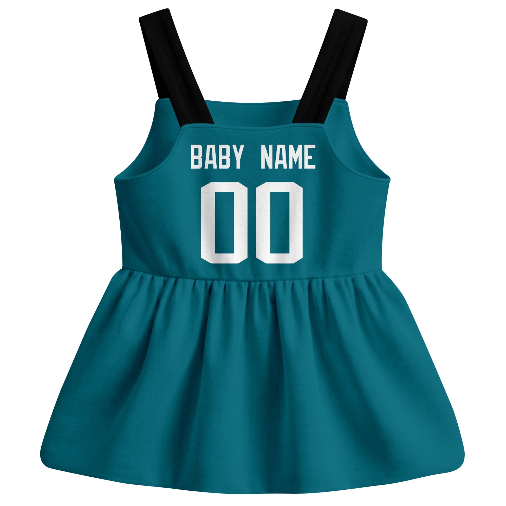 Jacksonville football baby suspender dress back view with custom baby name and number