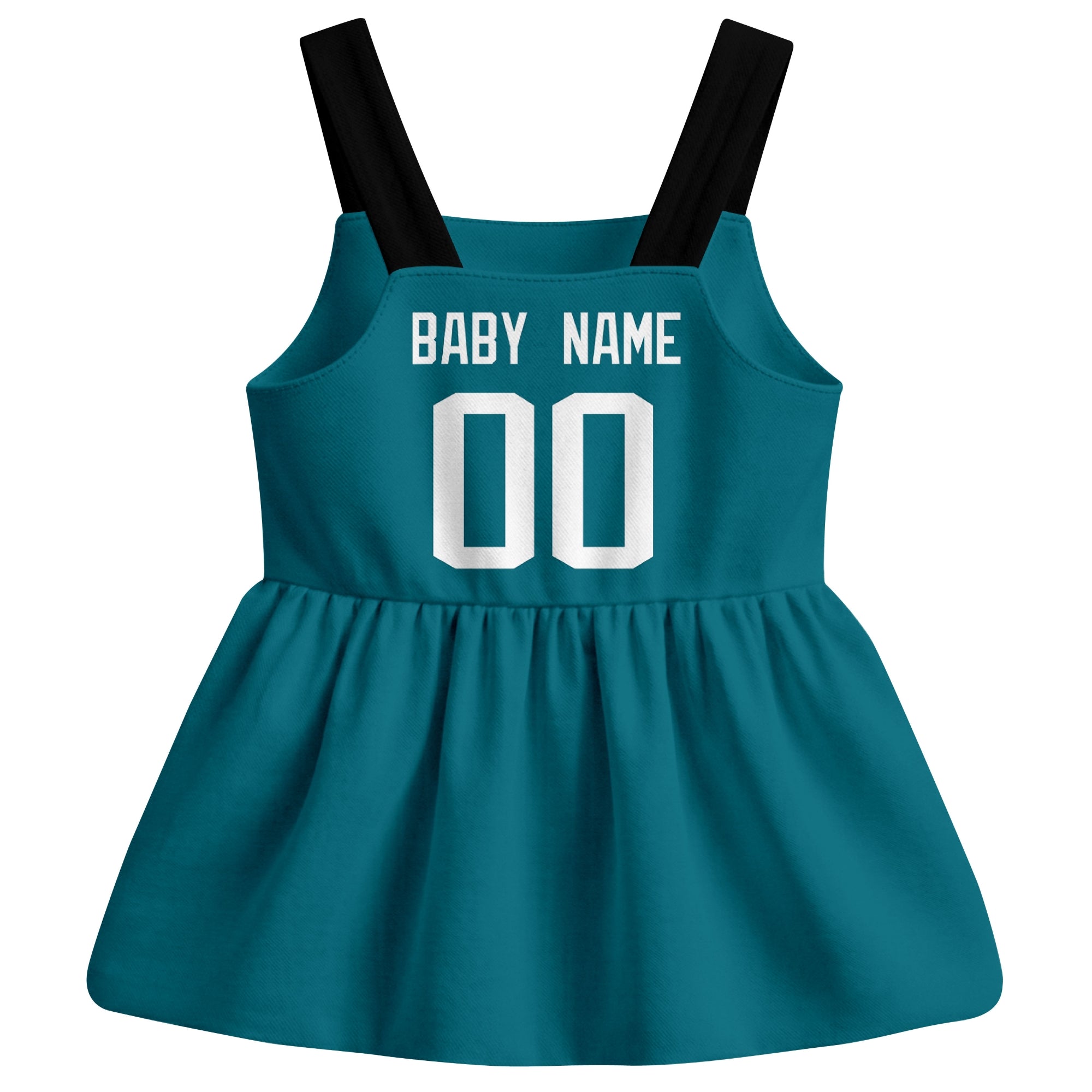 Jacksonville football baby suspender dress back view with custom baby name and number