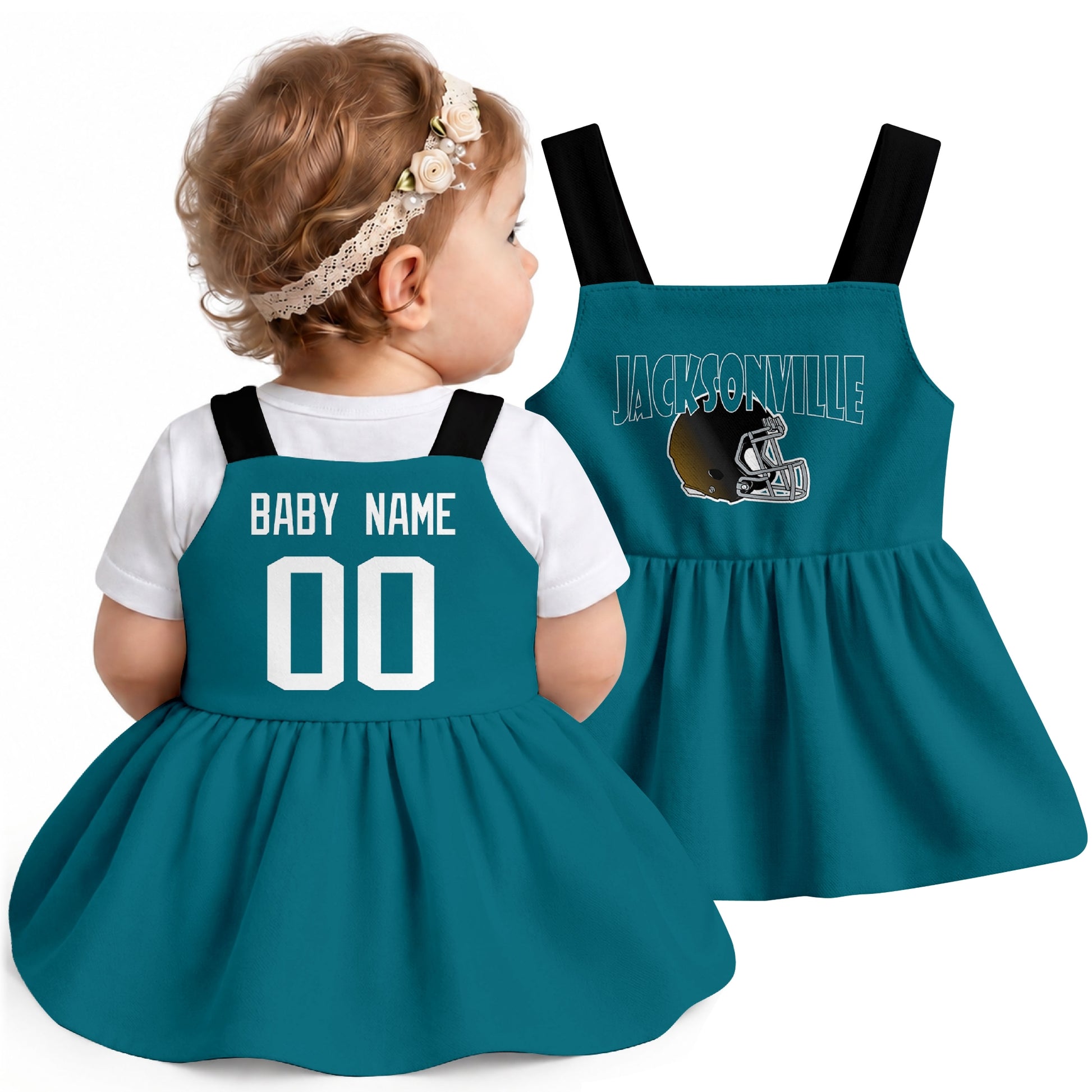 Personalized Jacksonville football baby suspender dress shown on baby in Teal city-color style