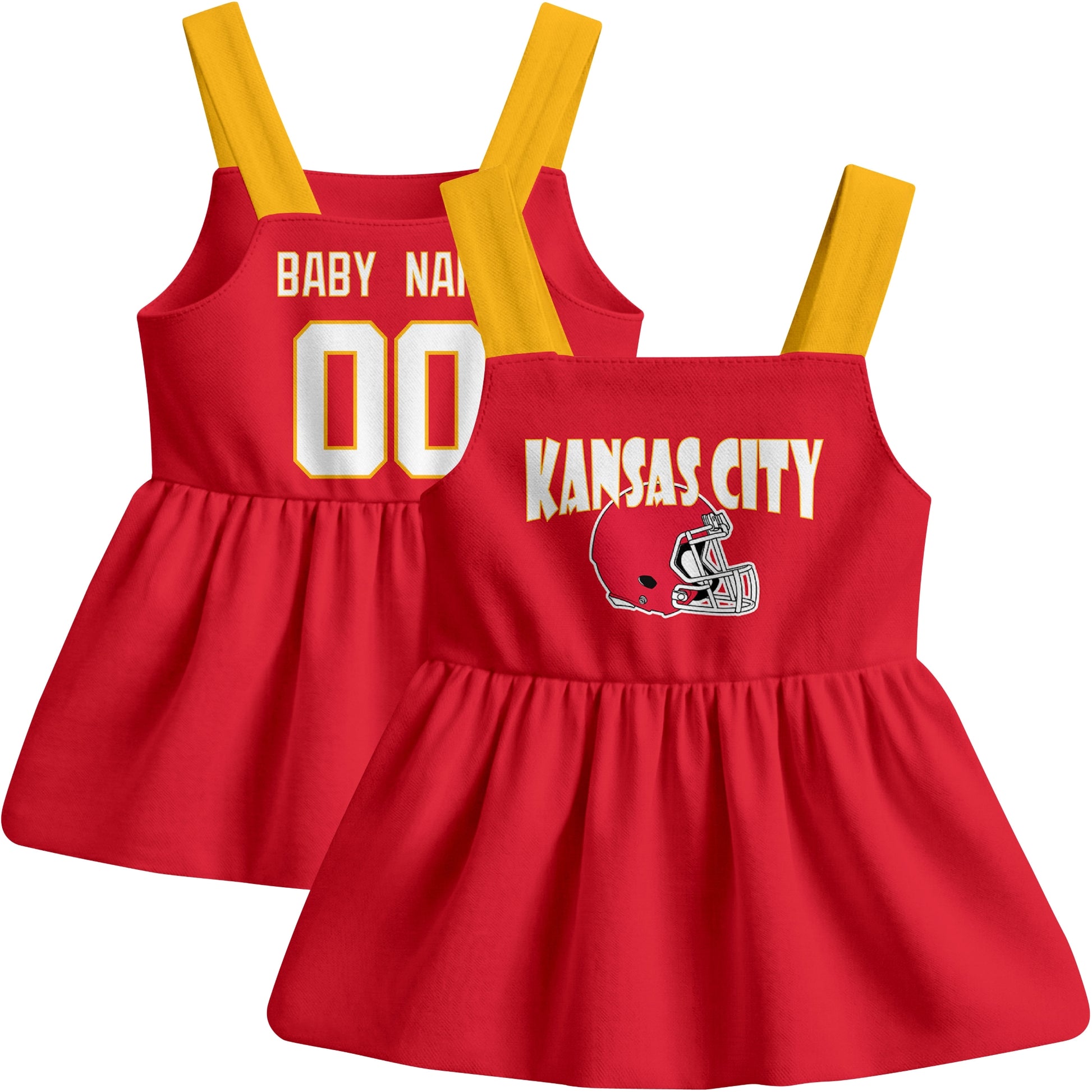 Kansas football baby suspender dress front and back view in Red city-color style