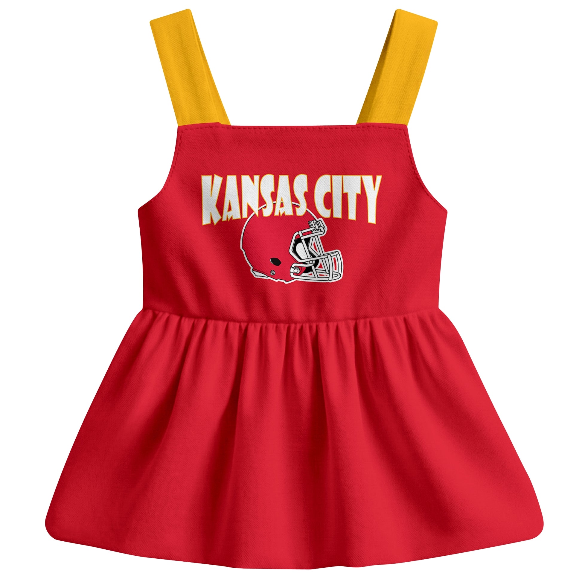Kansas football baby suspender dress front view with city-color football graphic